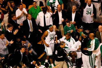 BOSTON - JUNE 05:  Paul Pierce #34 of the Boston Celtics returns to the court after being taken off in a wheelchair in the third quarter of Game One of the 2008 NBA Finals against the Los Angeles Lakers on June 5, 2008 at TD Banknorth Garden in Boston, Ma