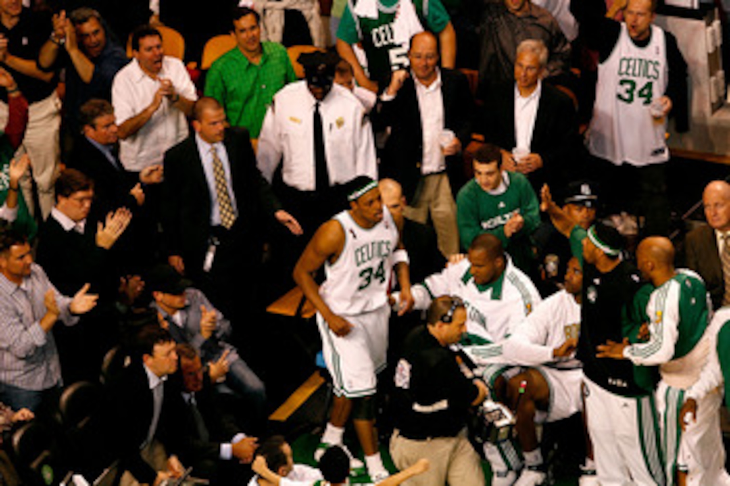 BOSTON - JUNE 05:  Paul Pierce #34 of the Boston Celtics returns to the court after being taken off in a wheelchair in the third quarter of Game One of the 2008 NBA Finals against the Los Angeles Lakers on June 5, 2008 at TD Banknorth Garden in Boston, Ma