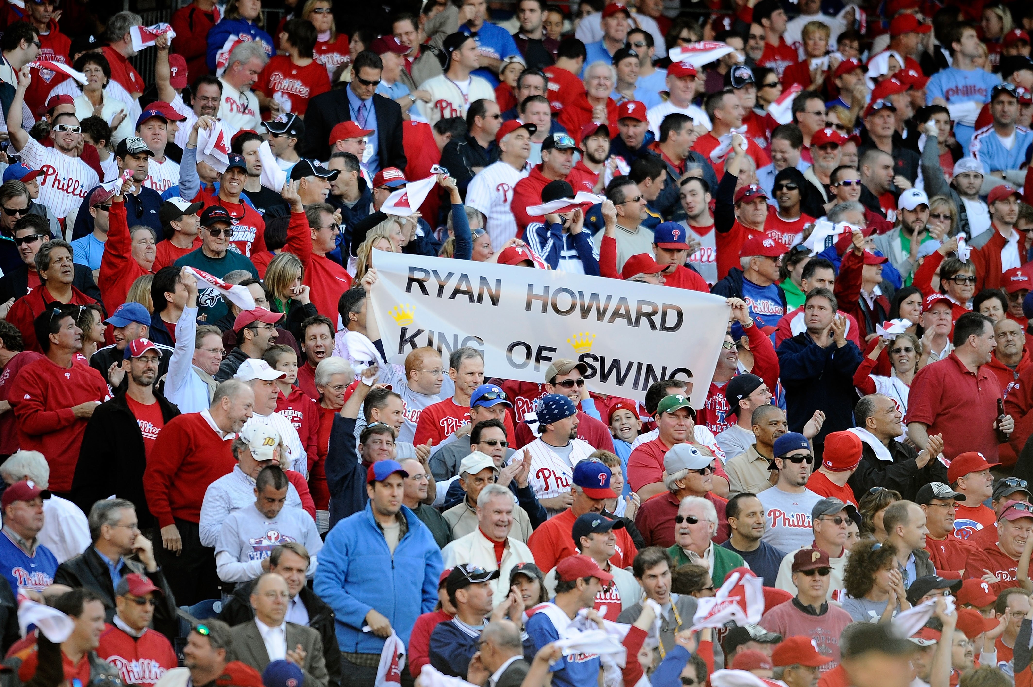 PHILADELPHIA - OCTOBER 08:  Fans of the Philadelphia Phillies hold up a sign which reads 'Ryan Howard King of Swing' against the Colorado Rockies in Game Two of the NLDS during the 2009 MLB Playoffs at Citizens Bank Park on October 8, 2009 in Philadelphia