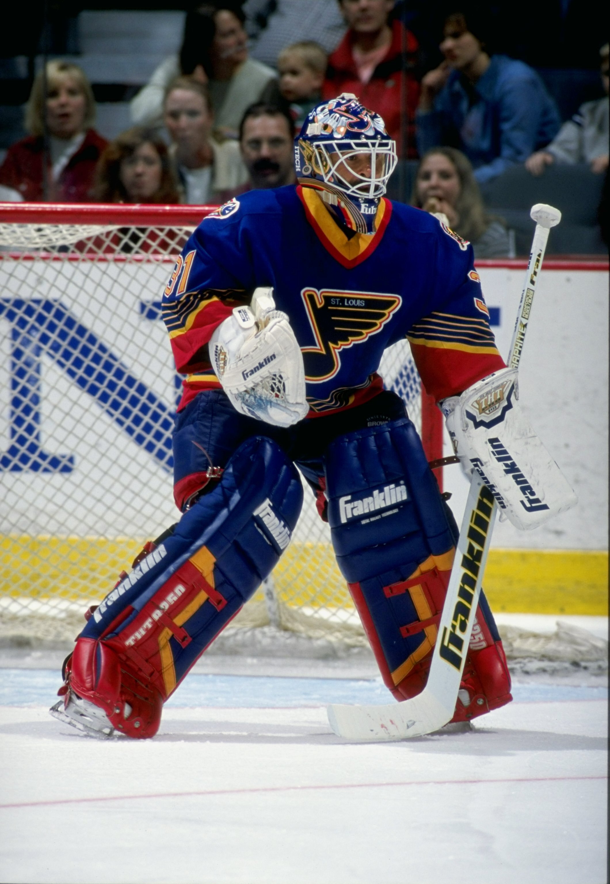 22 Mar 1998:  Goaltender Grant Fuhr of the St. Louis Blues in action during a game against the Calgary Flames at the Saddledome in Calgary, Alberta Canada. The Flames defeated the Blues 5-4. Mandatory Credit: Ian Tomlinson  /Allsport