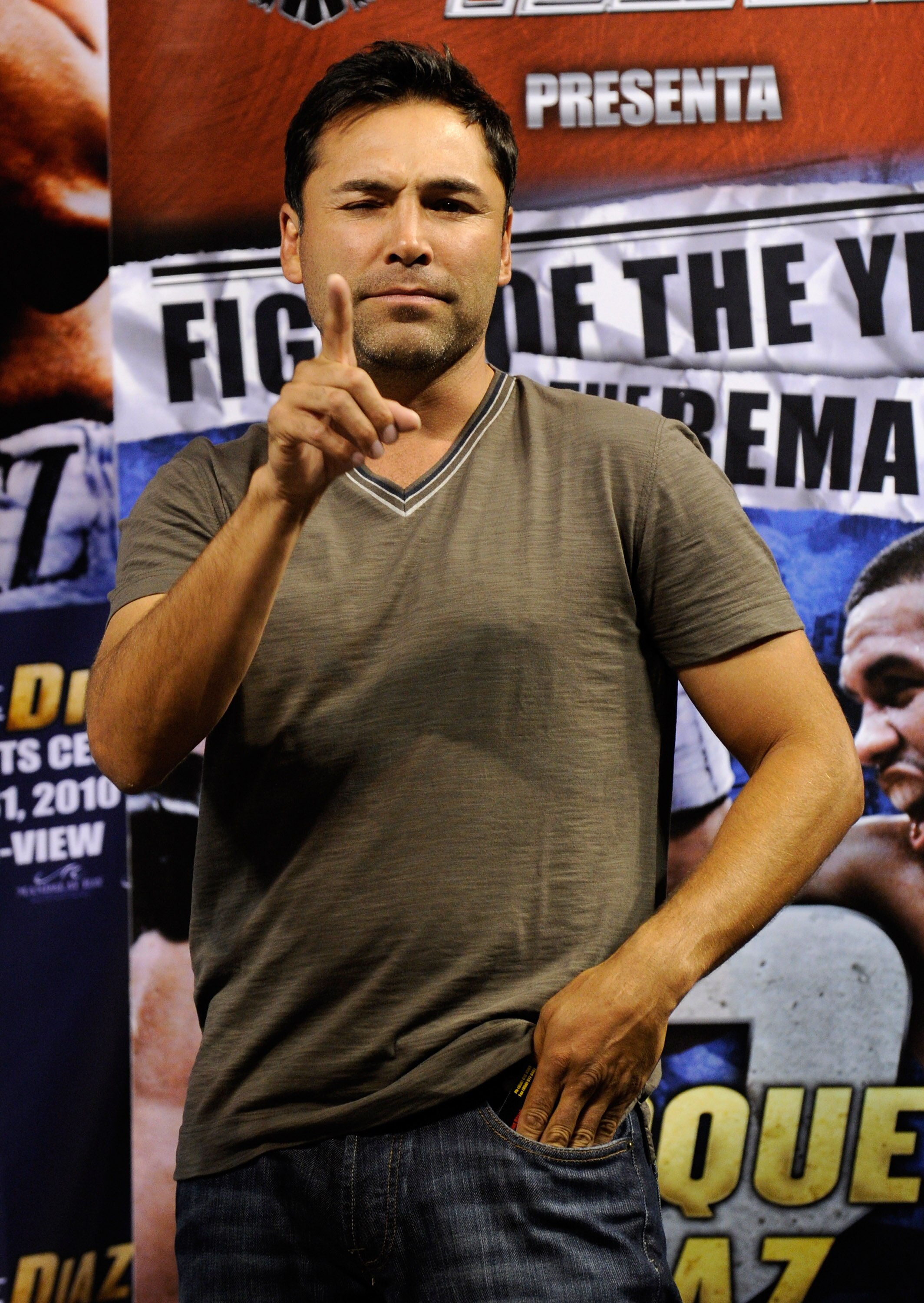 LAS VEGAS - JULY 30:  Golden Boy Promotions President Oscar De La Hoya appears during the official weigh-in for WBA/WBO lightweight champion Juan Manuel Marquez and Juan Diaz at the Mandalay Bay Events Center July 30, 2010 in Las Vegas, Nevada. Marquez wi