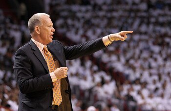 MIAMI, FL - APRIL 18:  Philadelphia 76ers head coach Doug Collins yells from the sideline  during game two of the Eastern Conference Quarterfinals against the Miami Heat  at American Airlines Arena on April 18, 2011 in Miami, Florida. NOTE TO USER: User e