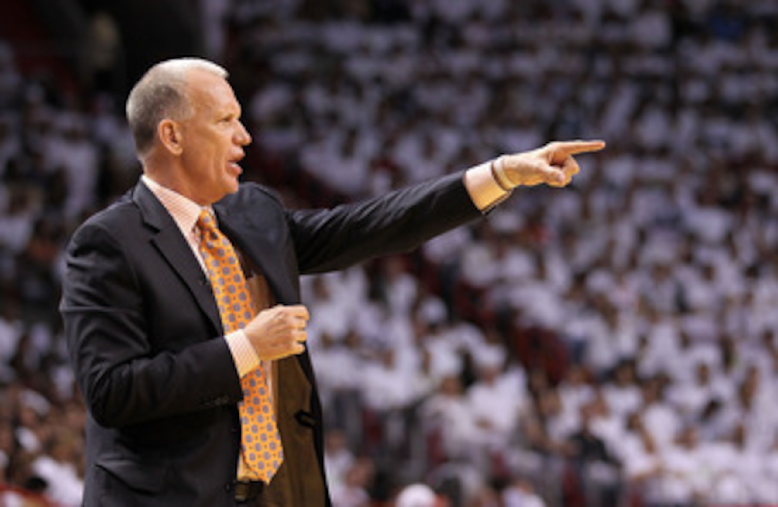 MIAMI, FL - APRIL 18: Philadelphia 76ers head coach Doug Collins yells from the sideline during game two of the Eastern Conference Quarterfinals against the Miami Heat at American Airlines Arena on April 18, 2011 in Miami, Florida. NOTE TO USER: User e MIAMI, FL - APRIL 18: Philadelphia 76ers head coach Doug Collins yells from the sideline during game two of the Eastern Conference Quarterfinals against the Miami Heat at American Airlines Arena on April 18, 2011 in Miami, Florida. NOTE TO USER: User e