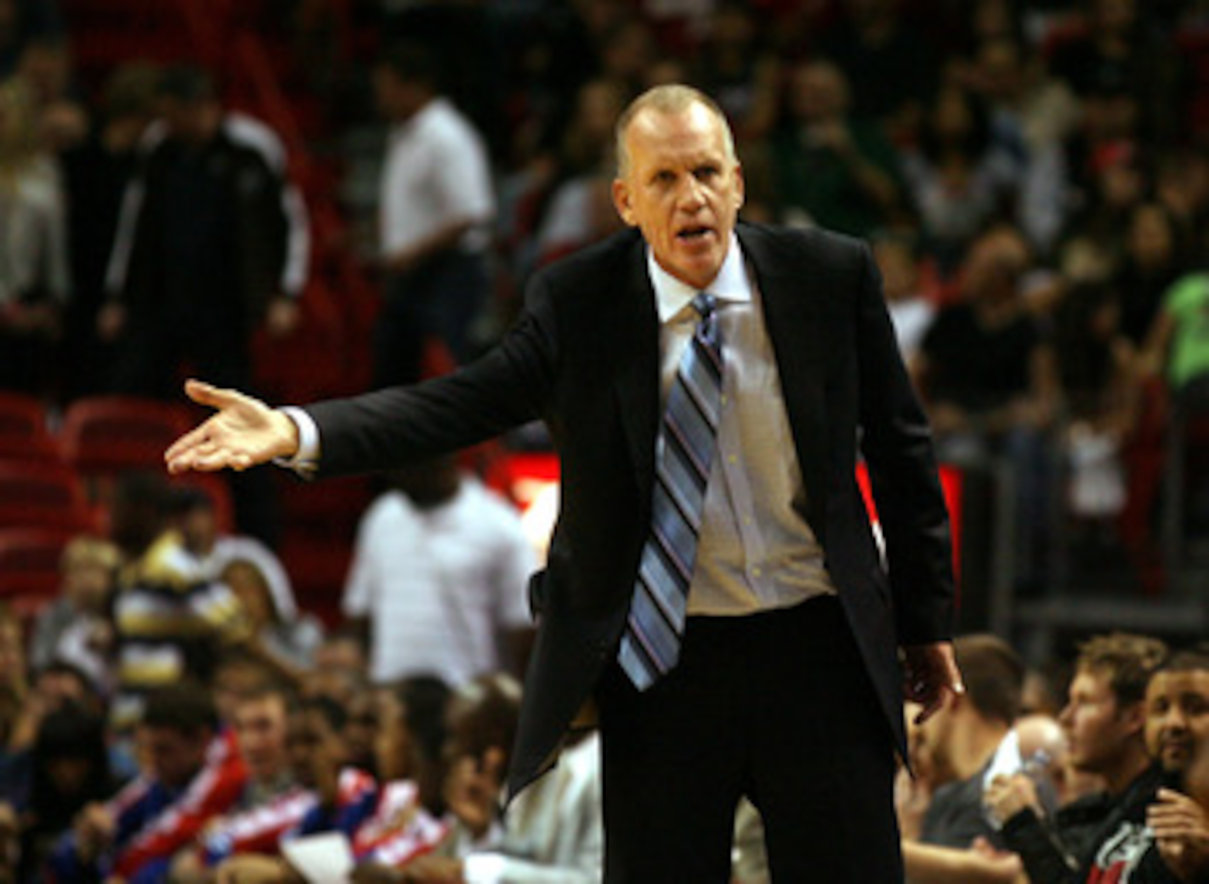 MIAMI - NOVEMBER 26:  Head coach Doug Collins of the Philadelphia 76ers reacts during the game against the Miami Heat at American Airlines Arena on November 26, 2010 in Miami, Florida.  (Photo by Marc Serota/Getty Images)