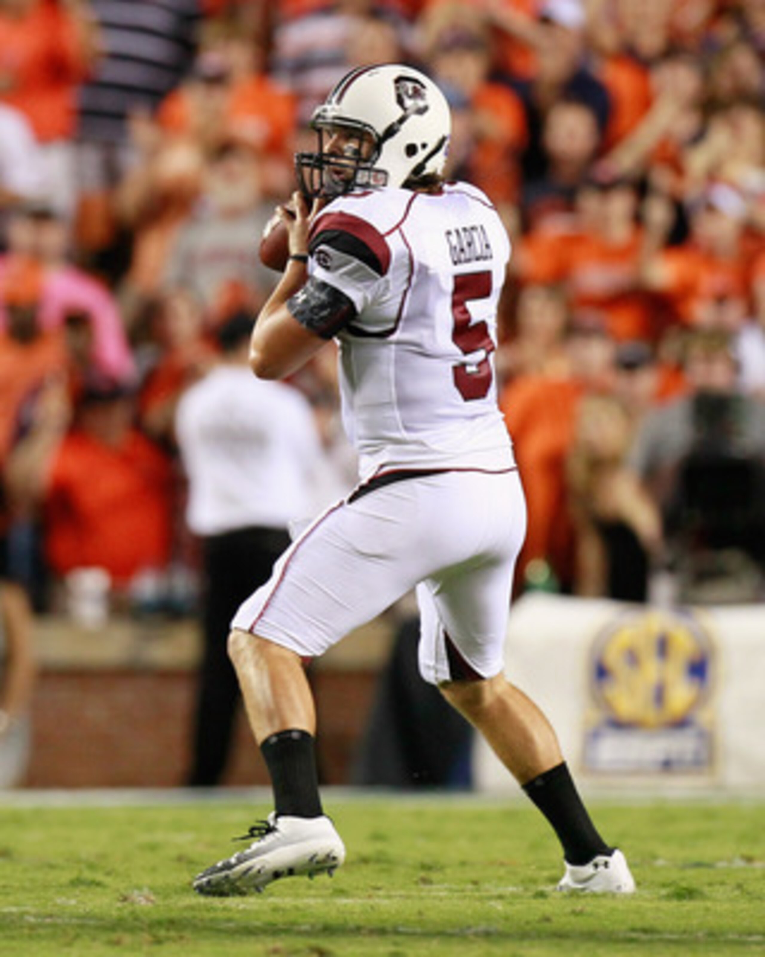 AUBURN, AL - SEPTEMBER 25:  Quarterback Stephen Garcia #5 of the South Carolina Gamecocks against the Auburn Tigers at Jordan-Hare Stadium on September 25, 2010 in Auburn, Alabama.  (Photo by Kevin C. Cox/Getty Images)