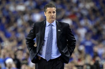 HOUSTON, TX - APRIL 02:  Head coach John Calipari of the Kentucky Wildcats reacts from the sidelines against the Connecticut Huskies during the National Semifinal game of the 2011 NCAA Division I Men's Basketball Championship at Reliant Stadium on April 2