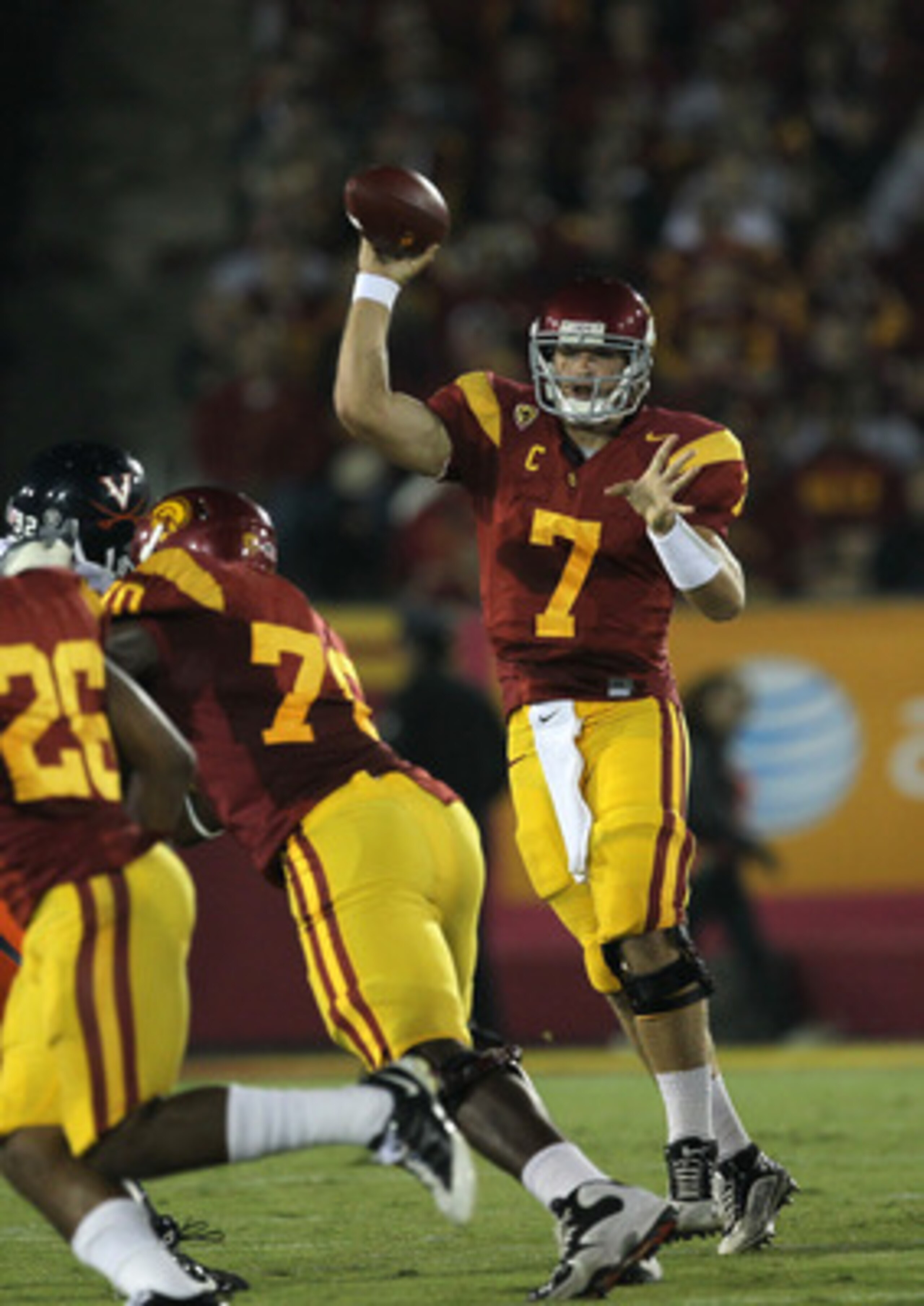 LOS ANGELES, CA - SEPTEMBER 11:  Quarterback Matt Barkley #7 of the USC Trojans throws a pass against the Virginia Cavaliers at Los Angeles Memorial Coliseum on September 11, 2010 in Los Angeles, California. USC won 17-14.  (Photo by Stephen Dunn/Getty Im