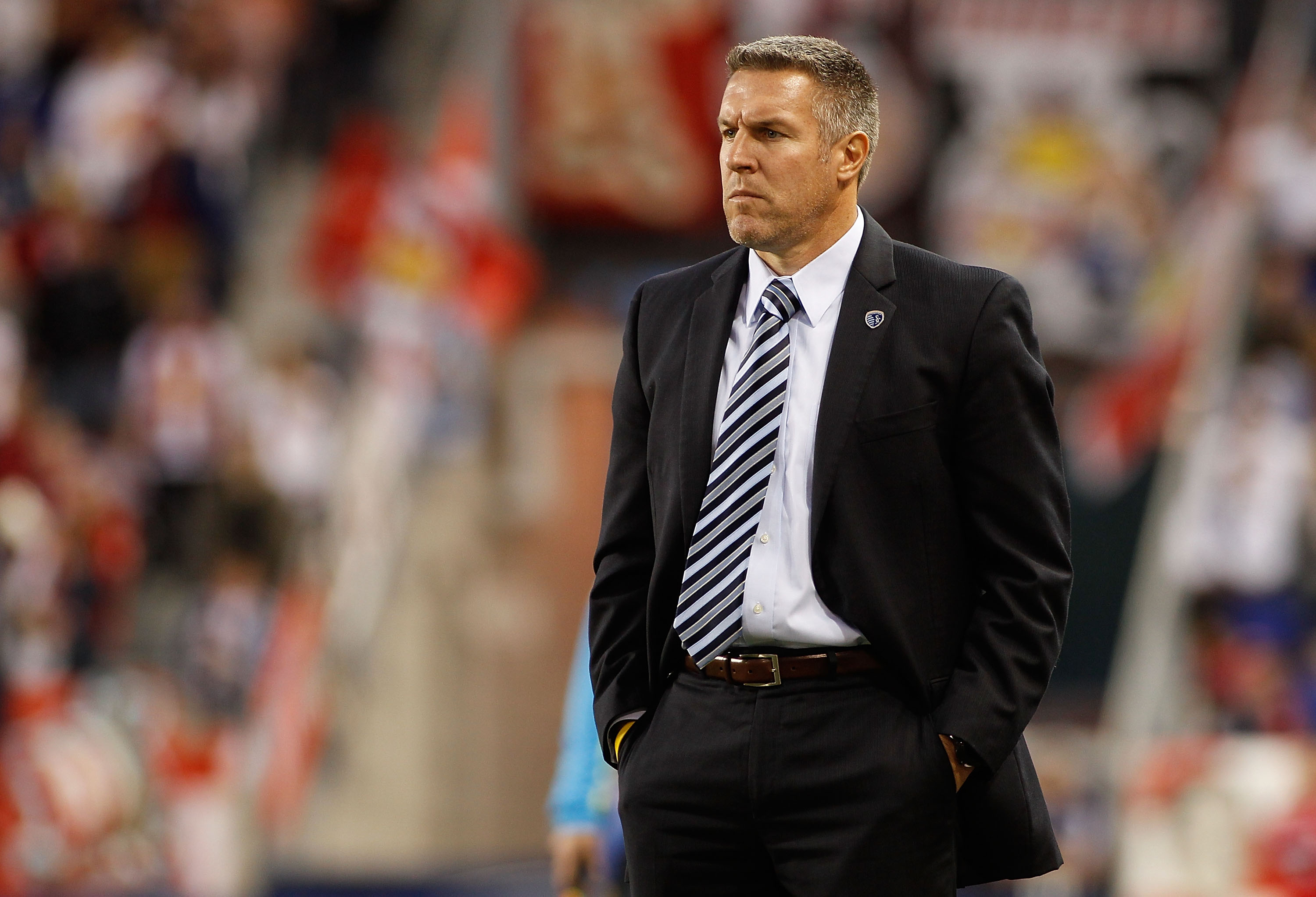 HARRISON, NJ - APRIL 30:  Head coach Peter Vermes of the Sporting KC  looks on during their match against New York Red Bulls on April 30, 2011 at Red Bull Arena in Harrison, New Jersey. The Red Bulls defeated the Sporting KC 1-0.  (Photo by Mike Stobe/Get