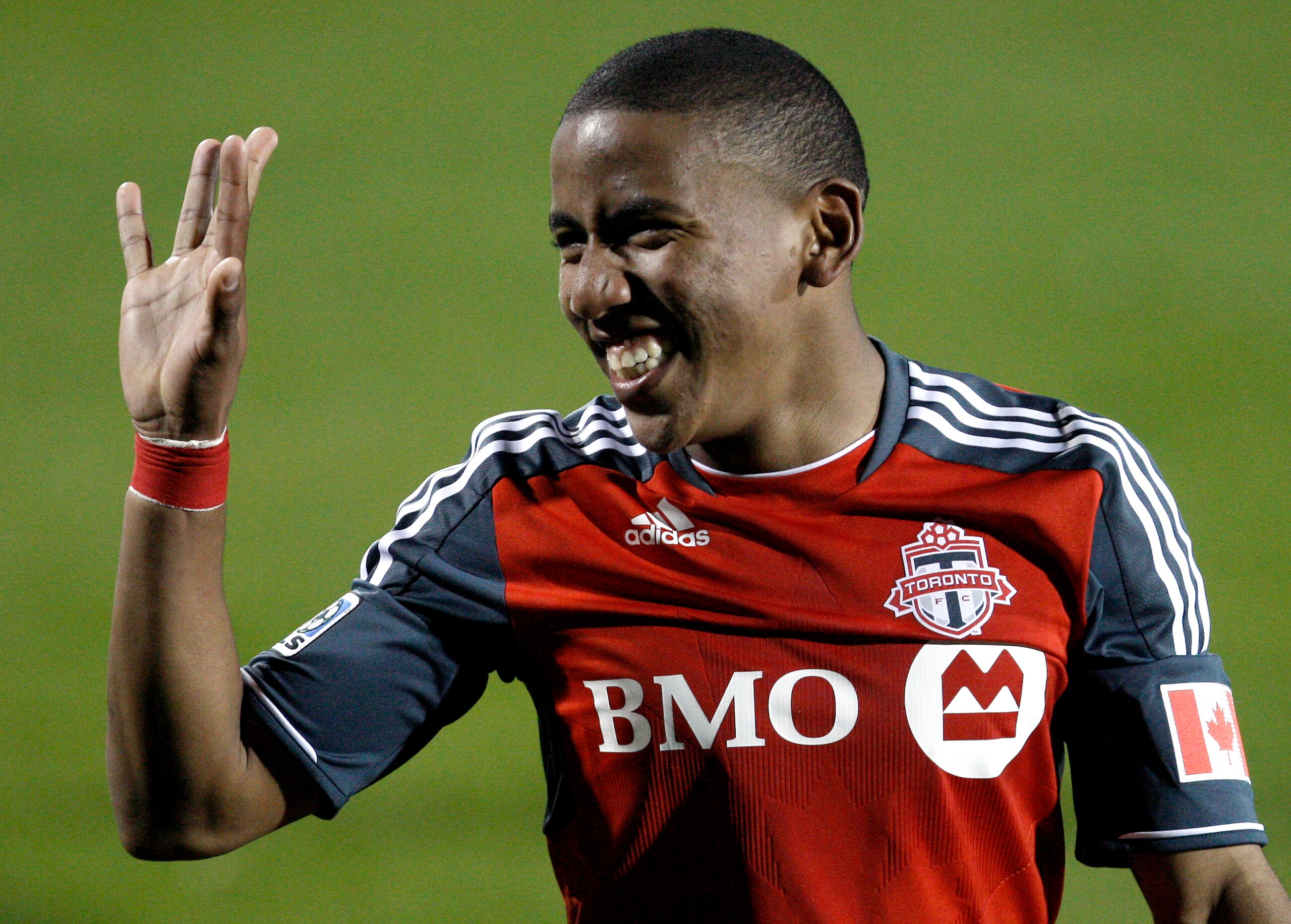 TORONTO, CANADA - MAY 7: Joao Plata #7 of Toronto FC celebrates his goal against the Houston Dynamo during MLS action at BMO Field May 7, 2011 in Toronto, Ontario, Canada. (Photo by Abelimages/Getty Images)
