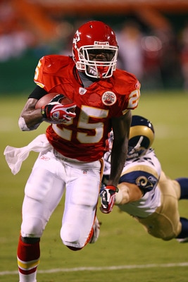 KANSAS CITY, MO - AUGUST 28:  Rookie running back Jamaal Charles #25 of the Kansas City Chiefs eludes a defender during a preseason game against the St. Louis Rams on August 28, 2008 at Arrowhead Stadium in Kansas City, Mo.  (Photo by G. Newman Lowrance/G