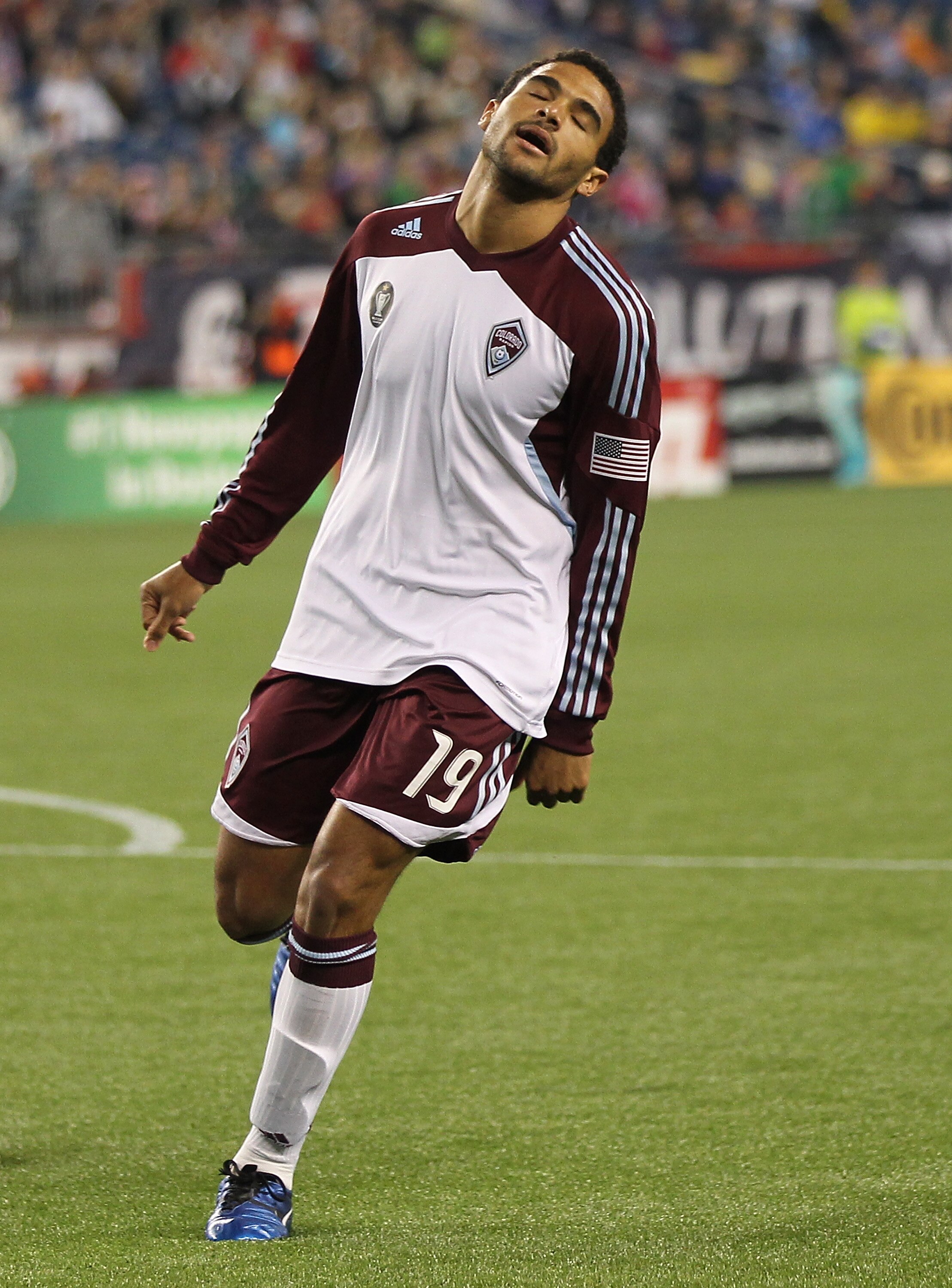 FOXBORO, MA - MAY 7:  Andre Akpan #19 of Colorado Rapids reacts after a missed opportunity during a game against the New England Revolution at Gillette Stadium on May 7, 2011 in Foxboro, Massachusetts. (Photo by Jim Rogash/Getty Images)