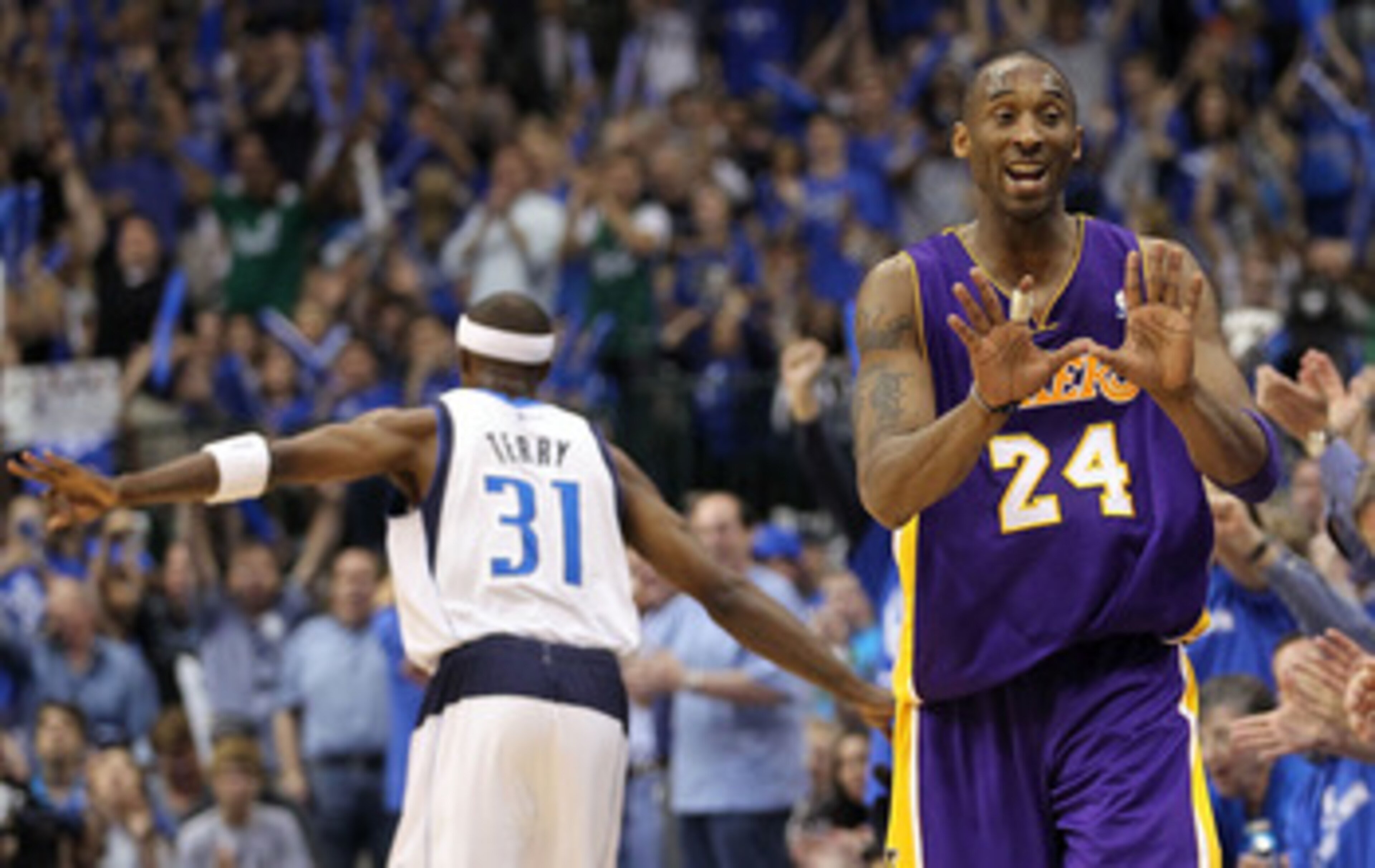 DALLAS, TX - MAY 08: Guard Kobe Bryant #24 of the Los Angeles Lakers reacts after a three-point shot by Jason Terry #31 of the Dallas Mavericks in Game Four of the Western Conference Semifinals during the 2011 NBA Playoffs on May 8, 2011 at American Airl DALLAS, TX - MAY 08: Guard Kobe Bryant #24 of the Los Angeles Lakers reacts after a three-point shot by Jason Terry #31 of the Dallas Mavericks in Game Four of the Western Conference Semifinals during the 2011 NBA Playoffs on May 8, 2011 at American Airl