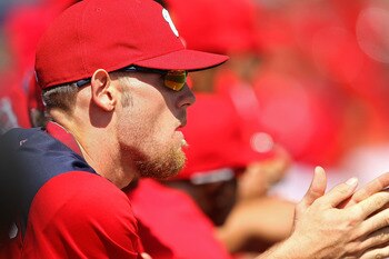 VIERA, FL - MARCH 02:  Stephen Strasburg #37 of the Washington Nationals looks on from the dugout during a Spring Training game against the Florida Marlinsat Space Coast Stadium on March 2, 2011 in Viera, Florida.  (Photo by Mike Ehrmann/Getty Images)