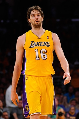 LOS ANGELES, CA - MAY 02:  Pau Gasol #16 of the Los Angeles Lakers reacts in the second half while taking on the Dallas Mavericks in Game One of the Western Conference Semifinals in the 2011 NBA Playoffs at Staples Center on May 2, 2011 in Los Angeles, Ca