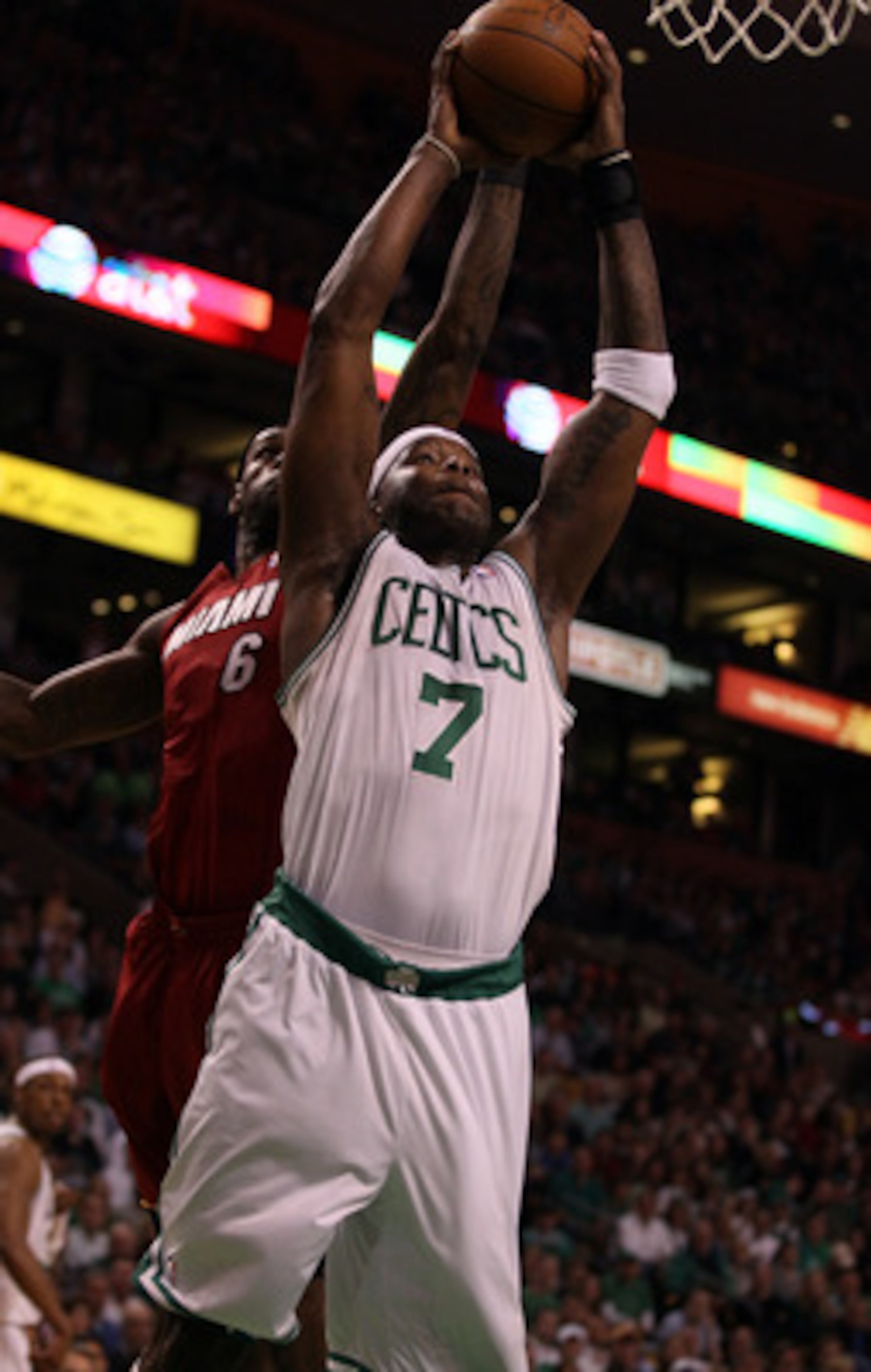 BOSTON, MA - MAY 07:  Jermaine O'Neal #7 of the Boston Celtics heads for the net as LeBron James #6 of the Miami Heat defends in Game Three of the Eastern Conference Semifinals in the 2011 NBA Playoffs on May 7, 2011 at the TD Garden in Boston, Massachuse