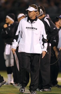 OAKLAND, CA - SEPTEMBER 8:  Head Coach Lane Kiffin of the Oakland Raiders looks on from the sideline during the NFL game against the Denver Broncos on September 8, 2008 at McAfee Coliseum in Oakland, California. The Broncos defeated the Raiders 41-14. (Ph