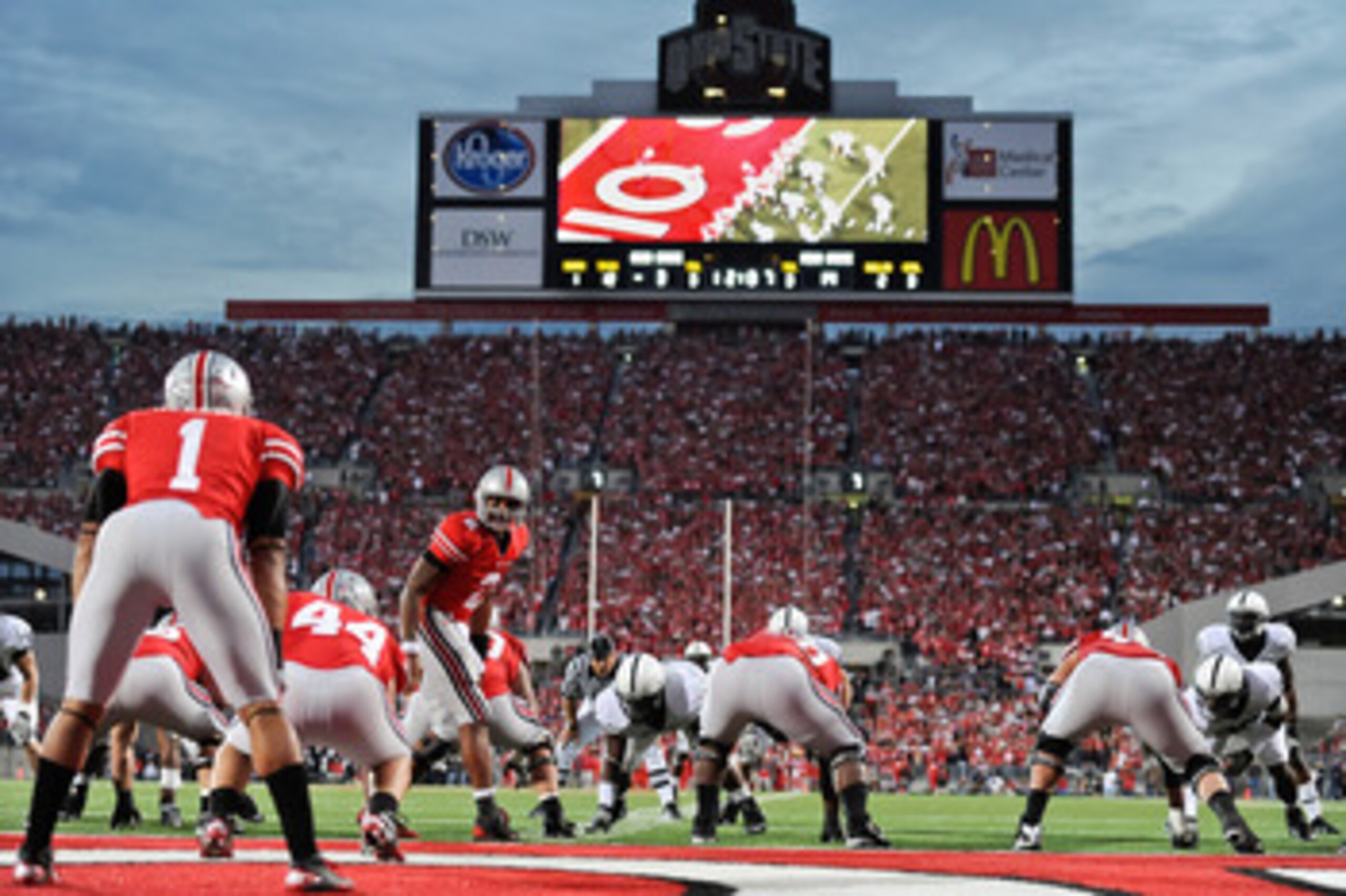 COLUMBUS, OH - NOVEMBER 13:  Quarterback Terrelle Pryor #2 of the Ohio State Buckeyes calls signals at the line against the Penn State Nittany Lions at Ohio Stadium on November 13, 2010 in Columbus, Ohio.  (Photo by Jamie Sabau/Getty Images)