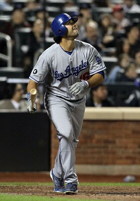 NEW YORK, NY - MAY 07:  Andre Ethier #16 of the Los Angeles Dodgers flies out in the fifth inning against the New York Mets on May 7, 2011 at Citi Field in the Flushing neighborhood of the Queens borough of New York City.  (Photo by Jim McIsaac/Getty Imag