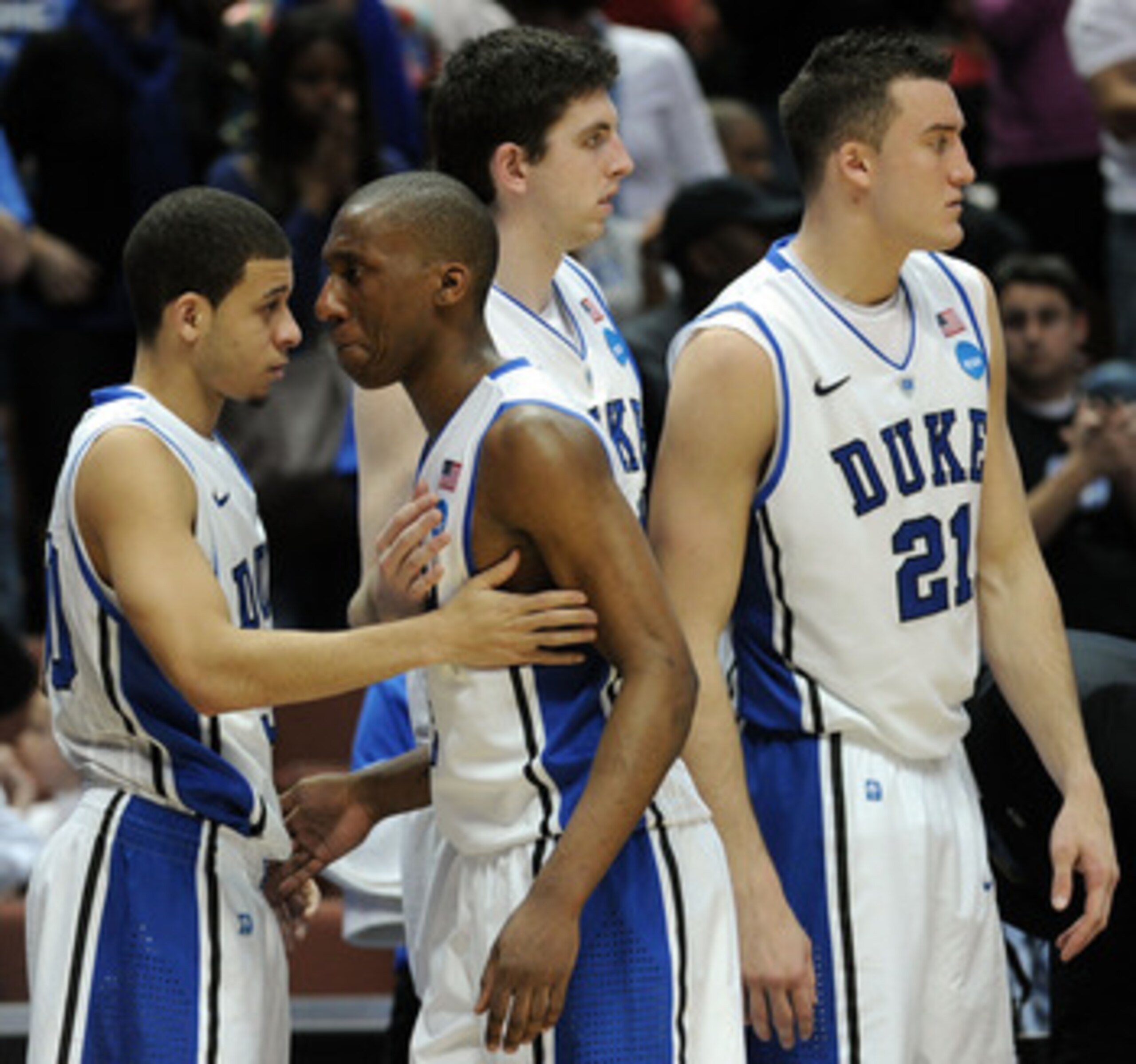 ANAHEIM, CA - MARCH 24: Nolan Smith #2 of the Duke Blue Devils comes out of the games towards the end as teammates Ryan Kelly #34, Seth Curry #30 and Miles Plumlee #21 look on against the Arizona Wildcats during the west regional semifinal of the 2011 NC ANAHEIM, CA - MARCH 24: Nolan Smith #2 of the Duke Blue Devils comes out of the games towards the end as teammates Ryan Kelly #34, Seth Curry #30 and Miles Plumlee #21 look on against the Arizona Wildcats during the west regional semifinal of the 2011 NC
