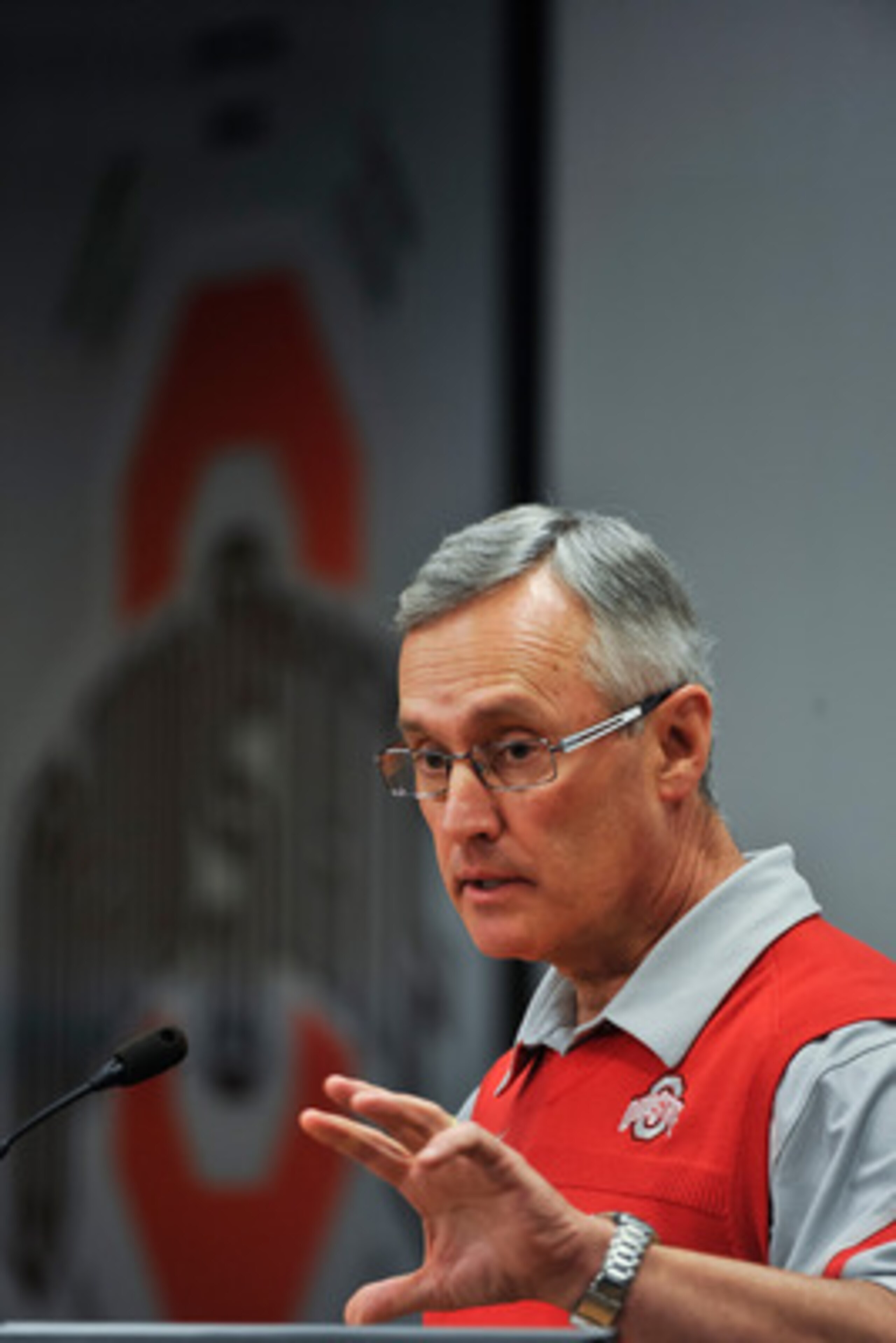 COLUMBUS, OH - MARCH 30:  Head Coach Jim Tressel speaks to the media during a press conference before the start of Spring practices at the Woody Hayes Athletic Center at The Ohio State University on March 30, 2011 in Columbus, Ohio. (Photo by Jamie Sabau/