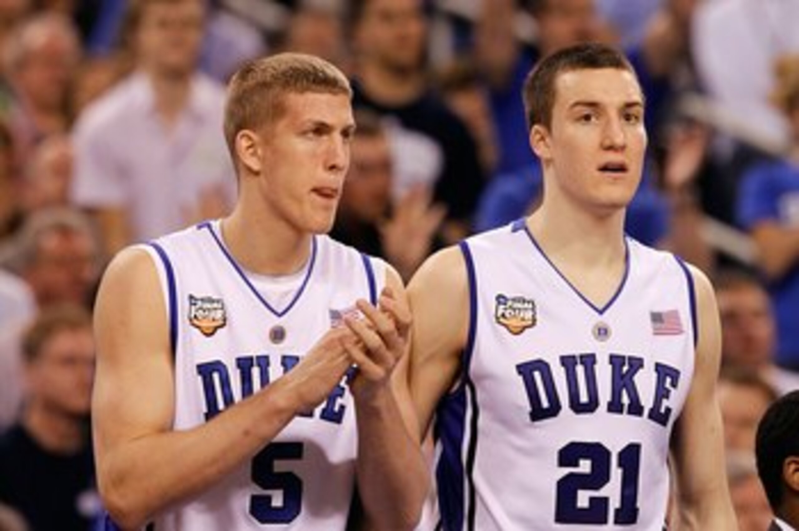INDIANAPOLIS - APRIL 05: Mason Plumlee #5 and Miles Plumlee #21 of the Duke Blue Devils support their teamates from the bench against the Butler Bulldogs during the 2010 NCAA Division I Men's Basketball National Championship game at Lucas Oil Stadium on INDIANAPOLIS - APRIL 05: Mason Plumlee #5 and Miles Plumlee #21 of the Duke Blue Devils support their teamates from the bench against the Butler Bulldogs during the 2010 NCAA Division I Men's Basketball National Championship game at Lucas Oil Stadium on