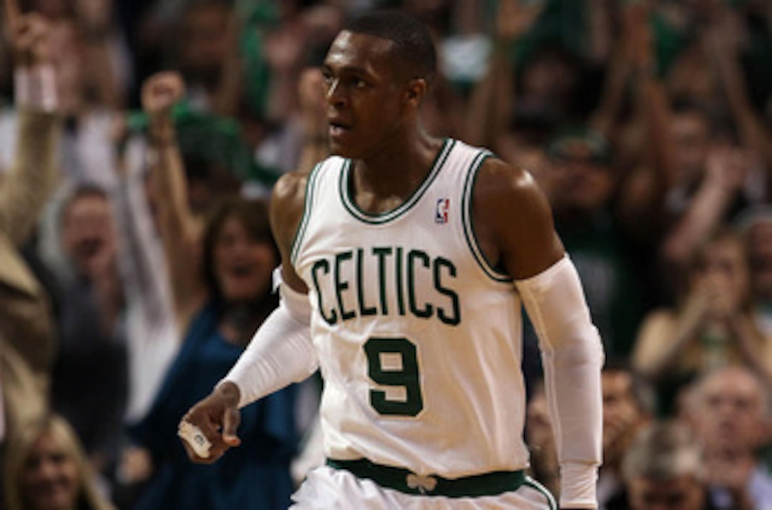 BOSTON, MA - MAY 07: Rajon Rondo #9 of the Boston Celtics heads down court after he scored on a break away in the second half against the Miami Heat in Game Three of the Eastern Conference Semifinals in the 2011 NBA Playoffs on May 7, 2011 at the TD Garde