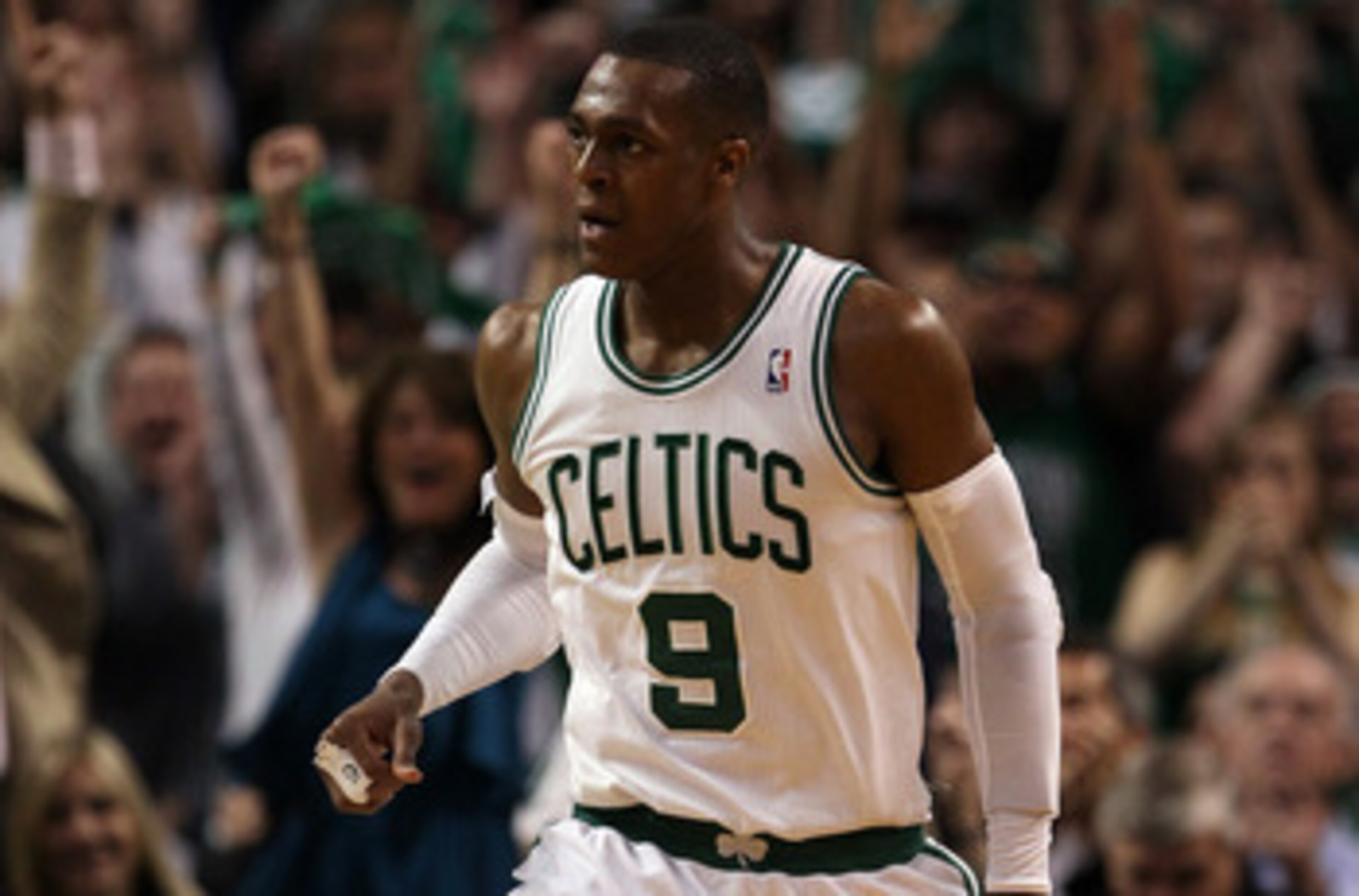 BOSTON, MA - MAY 07: Rajon Rondo #9 of the Boston Celtics heads down court after he scored on a break away in the second half against the Miami Heat in Game Three of the Eastern Conference Semifinals in the 2011 NBA Playoffs on May 7, 2011 at the TD Garde BOSTON, MA - MAY 07: Rajon Rondo #9 of the Boston Celtics heads down court after he scored on a break away in the second half against the Miami Heat in Game Three of the Eastern Conference Semifinals in the 2011 NBA Playoffs on May 7, 2011 at the TD Garde