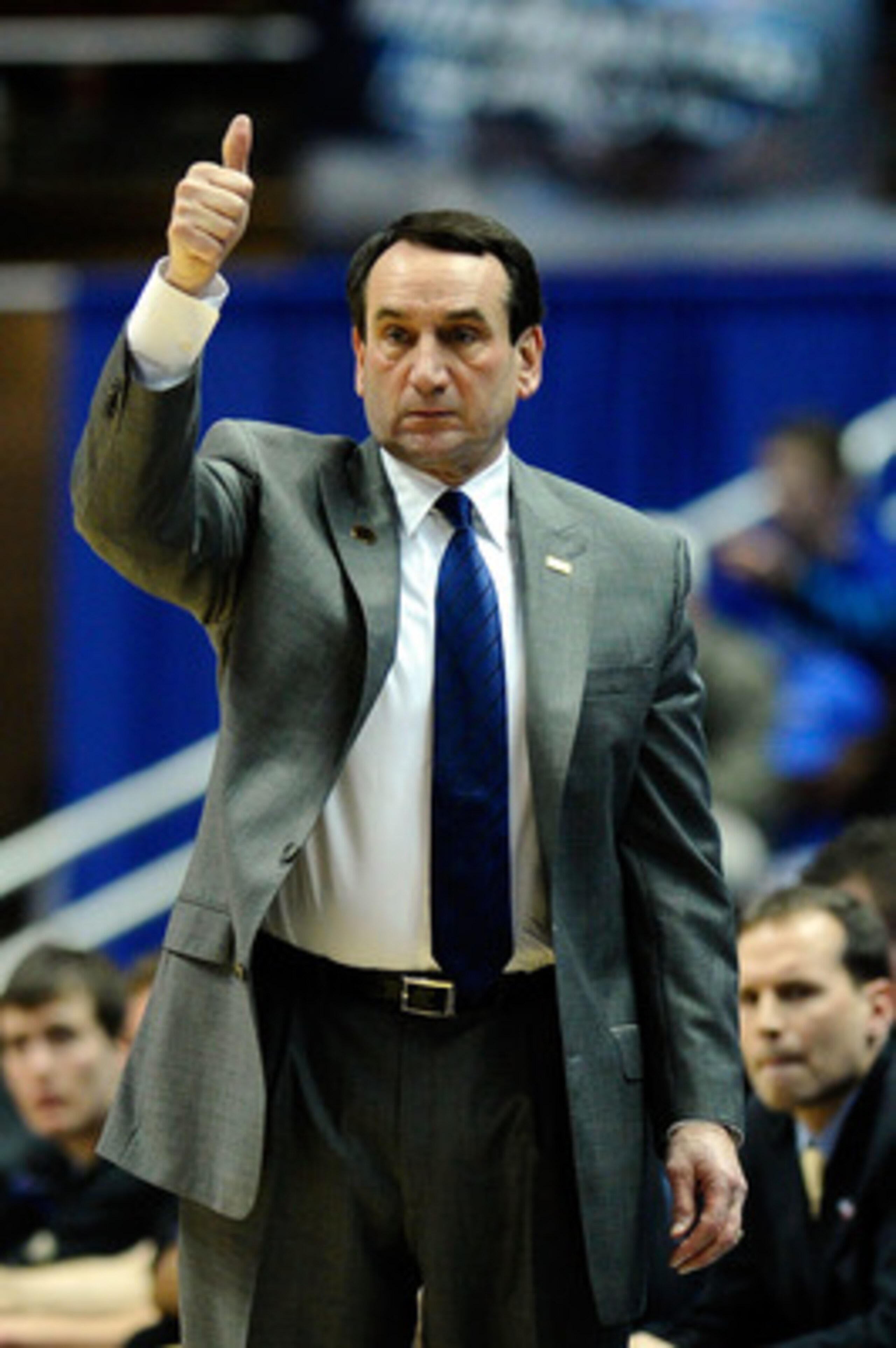 ANAHEIM, CA - MARCH 24: Head coach Mike Krzyzewski of the Duke Blue Devils gestures from the sidelines during the west regional semifinal of the 2011 NCAA men's basketball tournament at the Honda Center on March 24, 2011 in Anaheim, California. (Photo b ANAHEIM, CA - MARCH 24: Head coach Mike Krzyzewski of the Duke Blue Devils gestures from the sidelines during the west regional semifinal of the 2011 NCAA men's basketball tournament at the Honda Center on March 24, 2011 in Anaheim, California. (Photo b