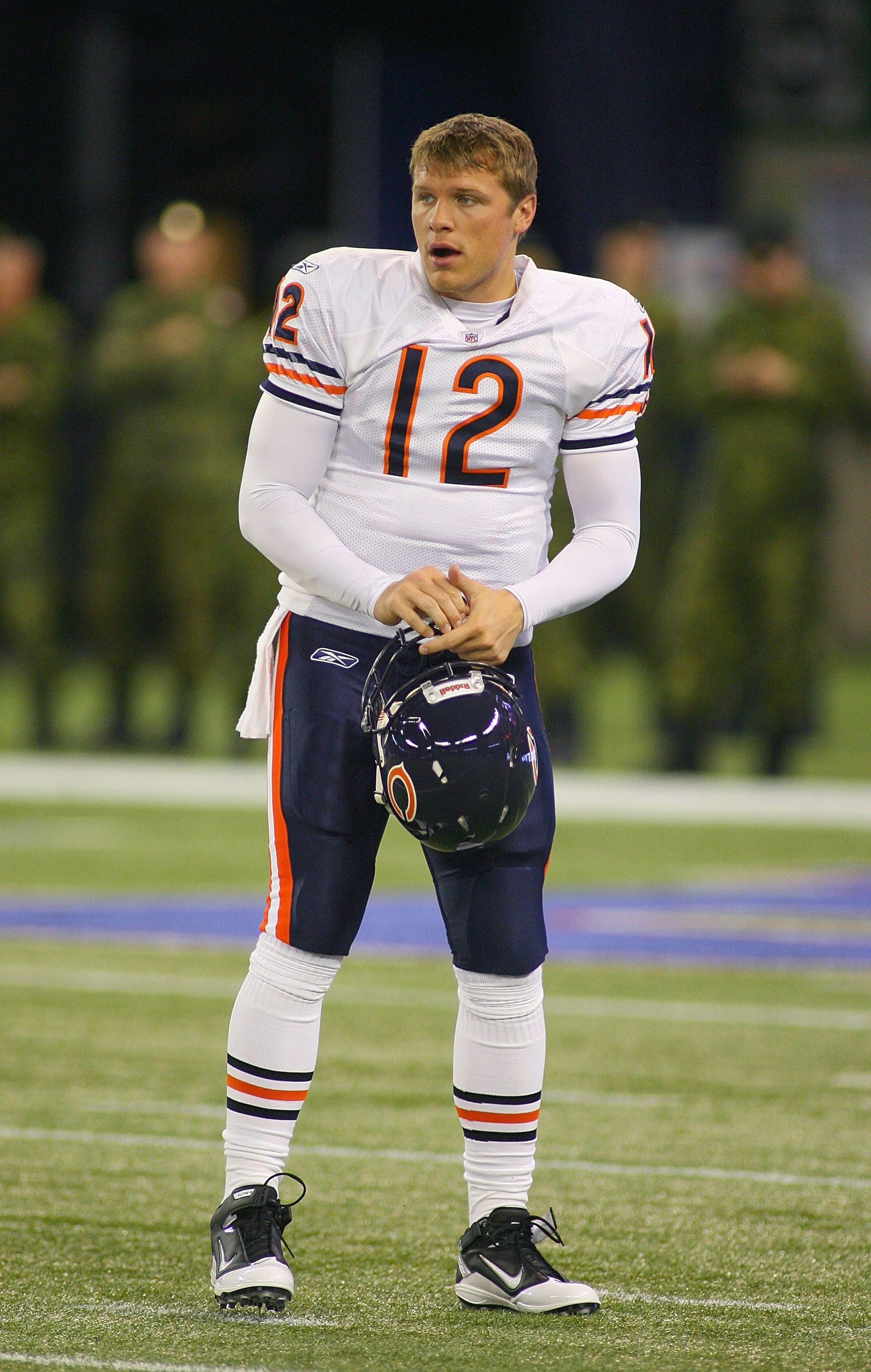 TORONTO, ON - NOVEMBER 07: Caleb Hanie #12 of the Chicago Bears stands on the field during warmups prior to play against the Buffalo Bills  at Rogers Centre on November 7, 2010 in Toronto, Canada. Chicago won 22-19.  (Photo by Rick Stewart/Getty Images)