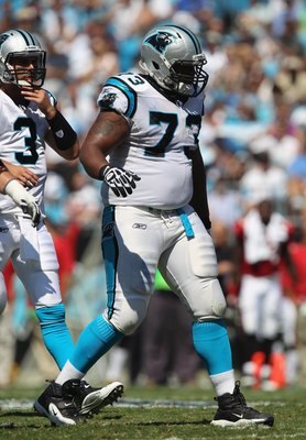 CHARLOTTE, NC - SEPTEMBER 19:  Travelle Wharton #73 of the Carolina Panthers during their game at Bank of America Stadium on September 19, 2010 in Charlotte, North Carolina.  (Photo by Streeter Lecka/Getty Images)