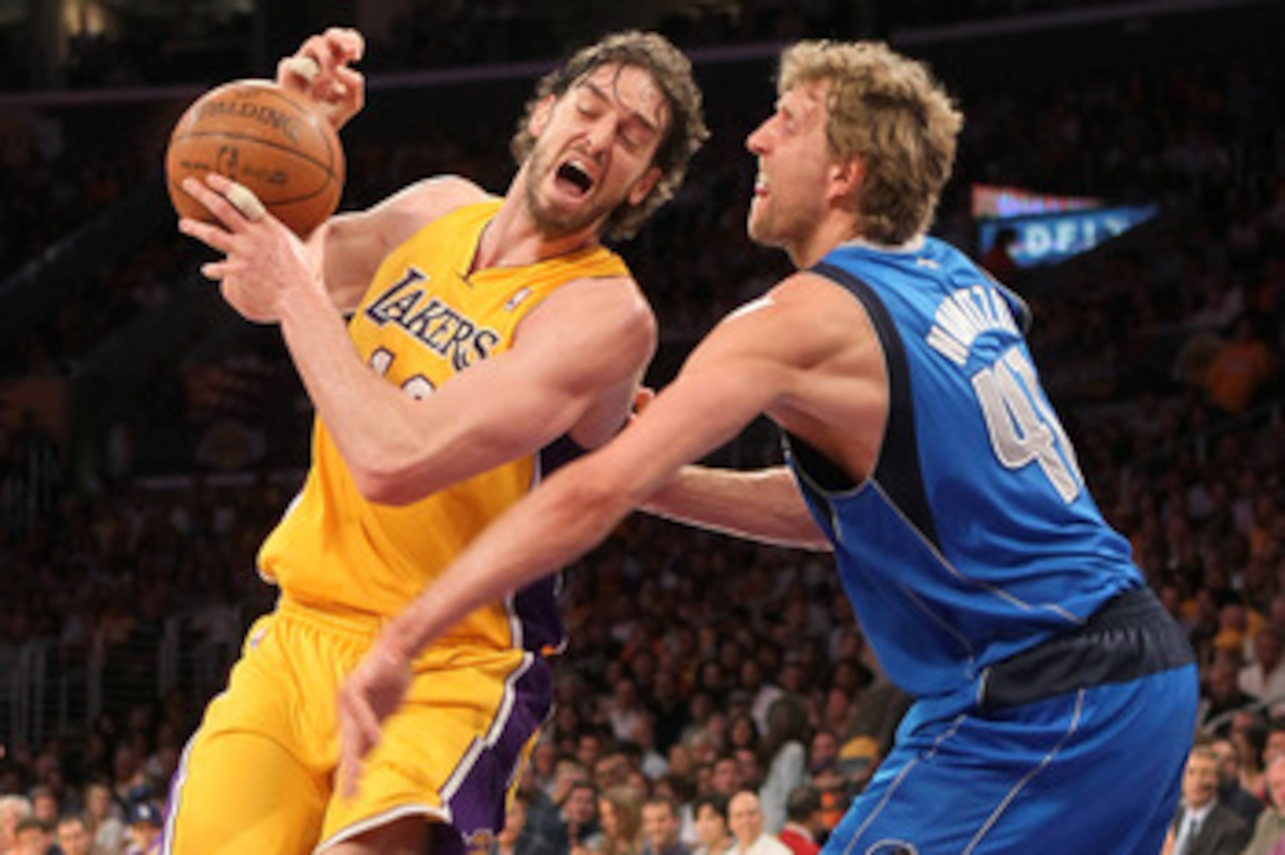 LOS ANGELES, CA - MAY 04:  Pau Gasol #16 of the Los Angeles Lakers goes up for a shot against Dirk Nowitzki #41 of the Dallas Mavericks in the first quarter in Game Two of the Western Conference Semifinals in the 2011 NBA Playoffs at Staples Center on May