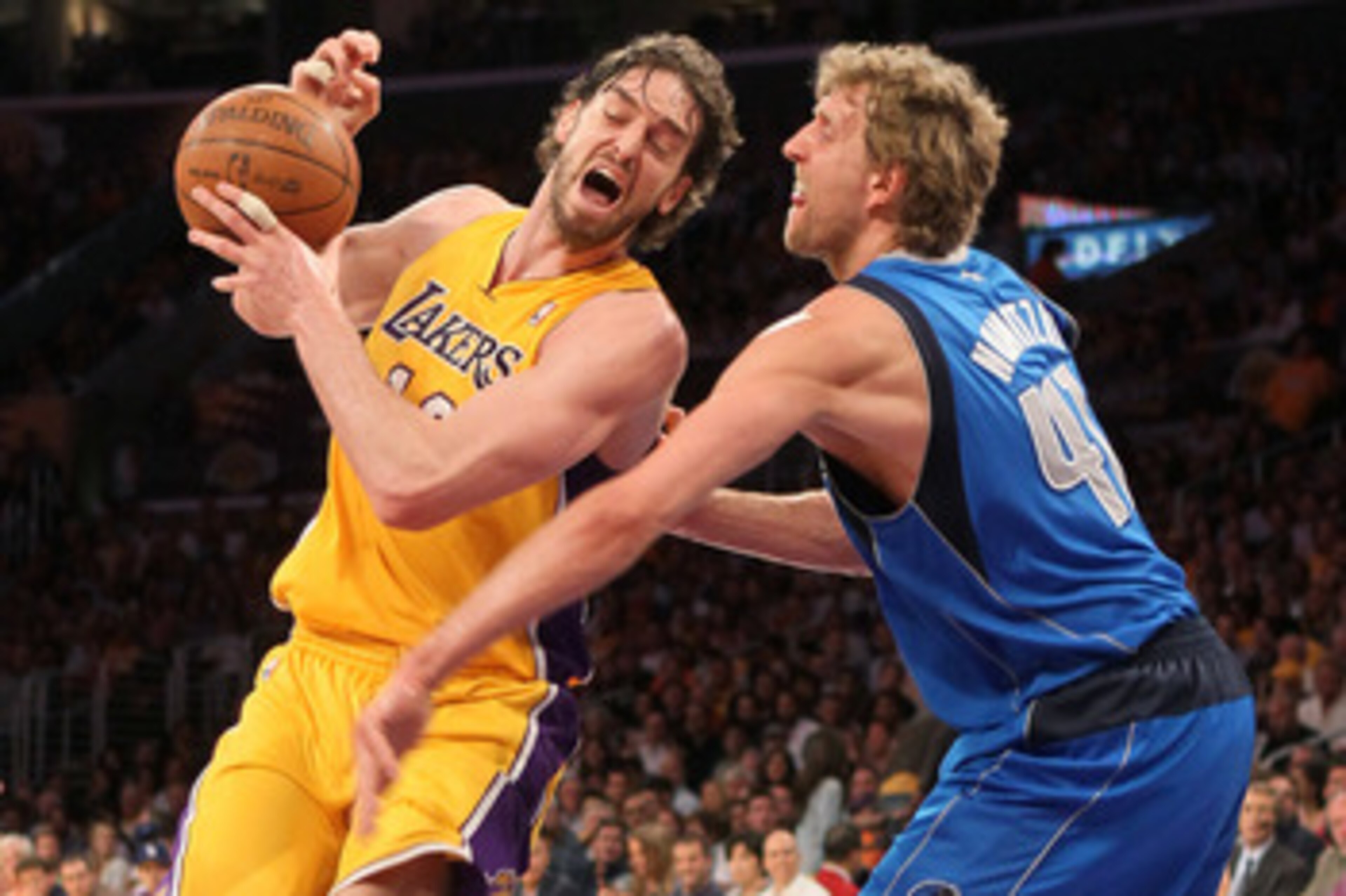 LOS ANGELES, CA - MAY 04:  Pau Gasol #16 of the Los Angeles Lakers goes up for a shot against Dirk Nowitzki #41 of the Dallas Mavericks in the first quarter in Game Two of the Western Conference Semifinals in the 2011 NBA Playoffs at Staples Center on May