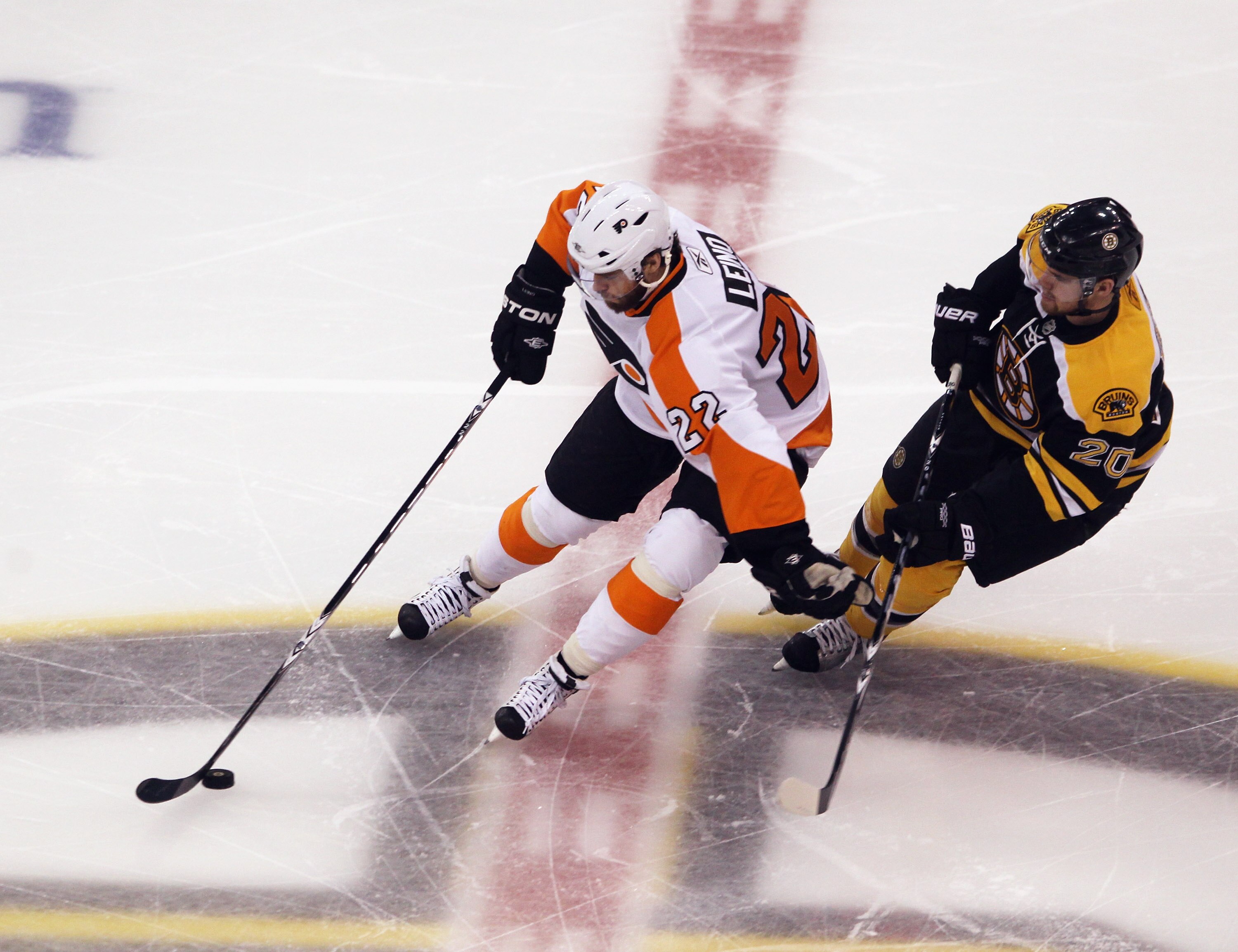 BOSTON, MA - MAY 06: Ville Leino #22 of the Philadelphia Flyers skates against the Boston Bruins in Game Four of the Eastern Conference Semifinals during the 2011 NHL Stanley Cup Playoffs at TD Garden on May 6, 2011 in Boston, Massachusetts. The Bruins de