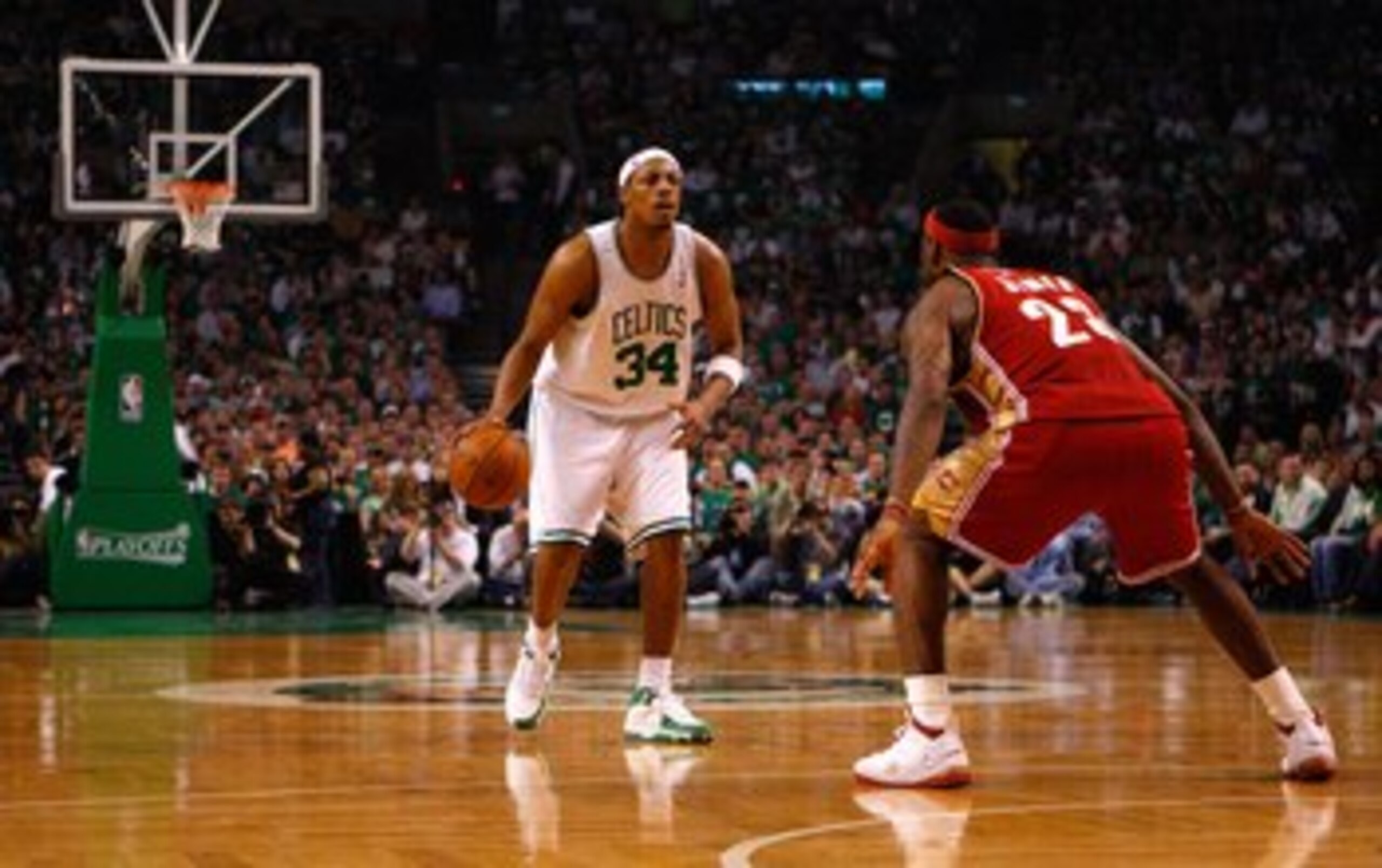 BOSTON - MAY 18:  Paul Pierce #34 of the Boston Celtics looks to move the ball against LeBron James #23 of the Cleveland Cavaliers in Game Seven of the Eastern Conference Semifinals during the 2008 NBA Playoffs at the TD Banknorth Garden May 18, 2008 in B