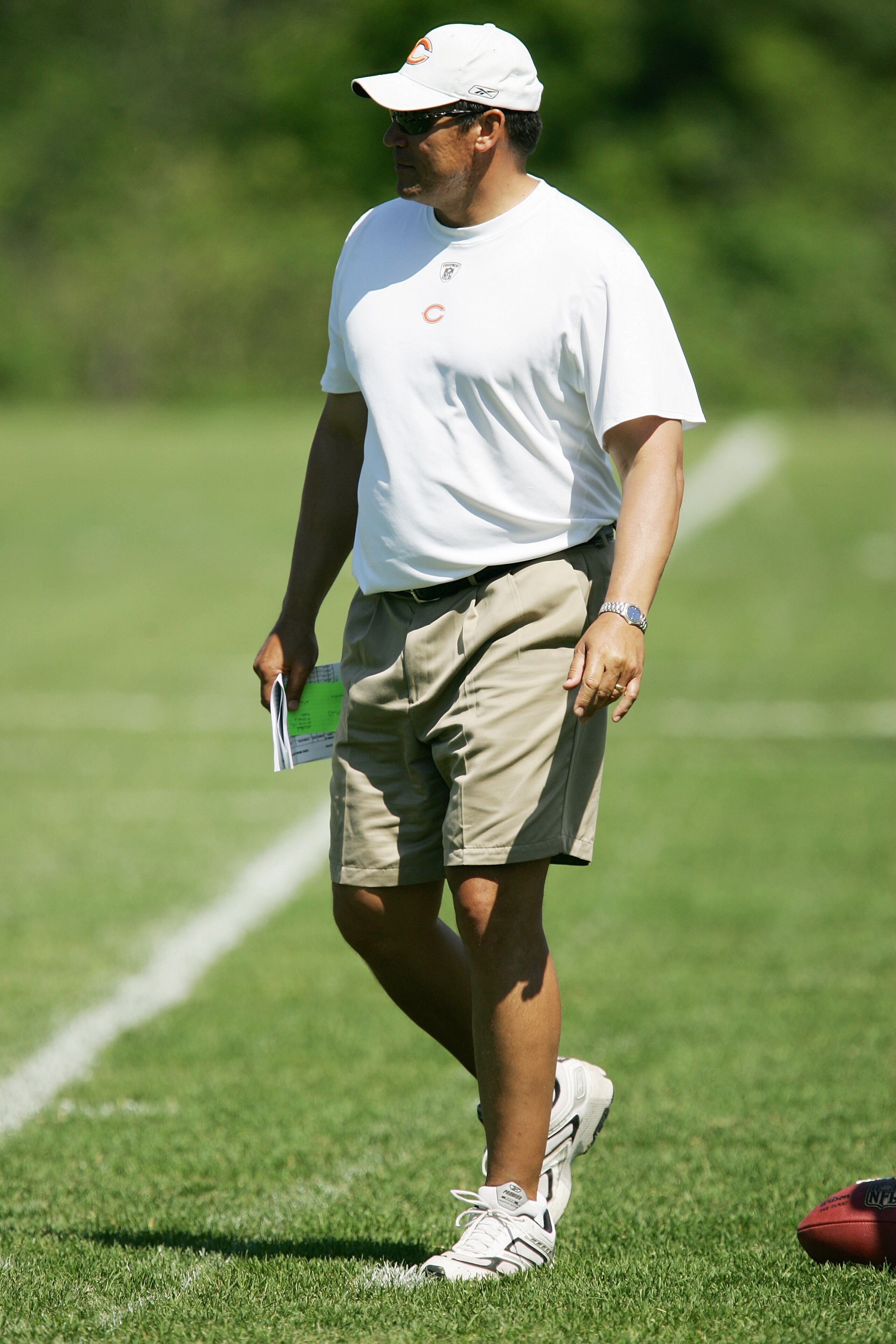 LAKE FOREST, IL - JUNE 2:  Defensive coordinator Ron Rivera looks on during Chicago Bears mini camp on June 2, 2006 at Halas Hall in Lake Forest, Illinois. (Photo by Jonathan Daniel/Getty Images)