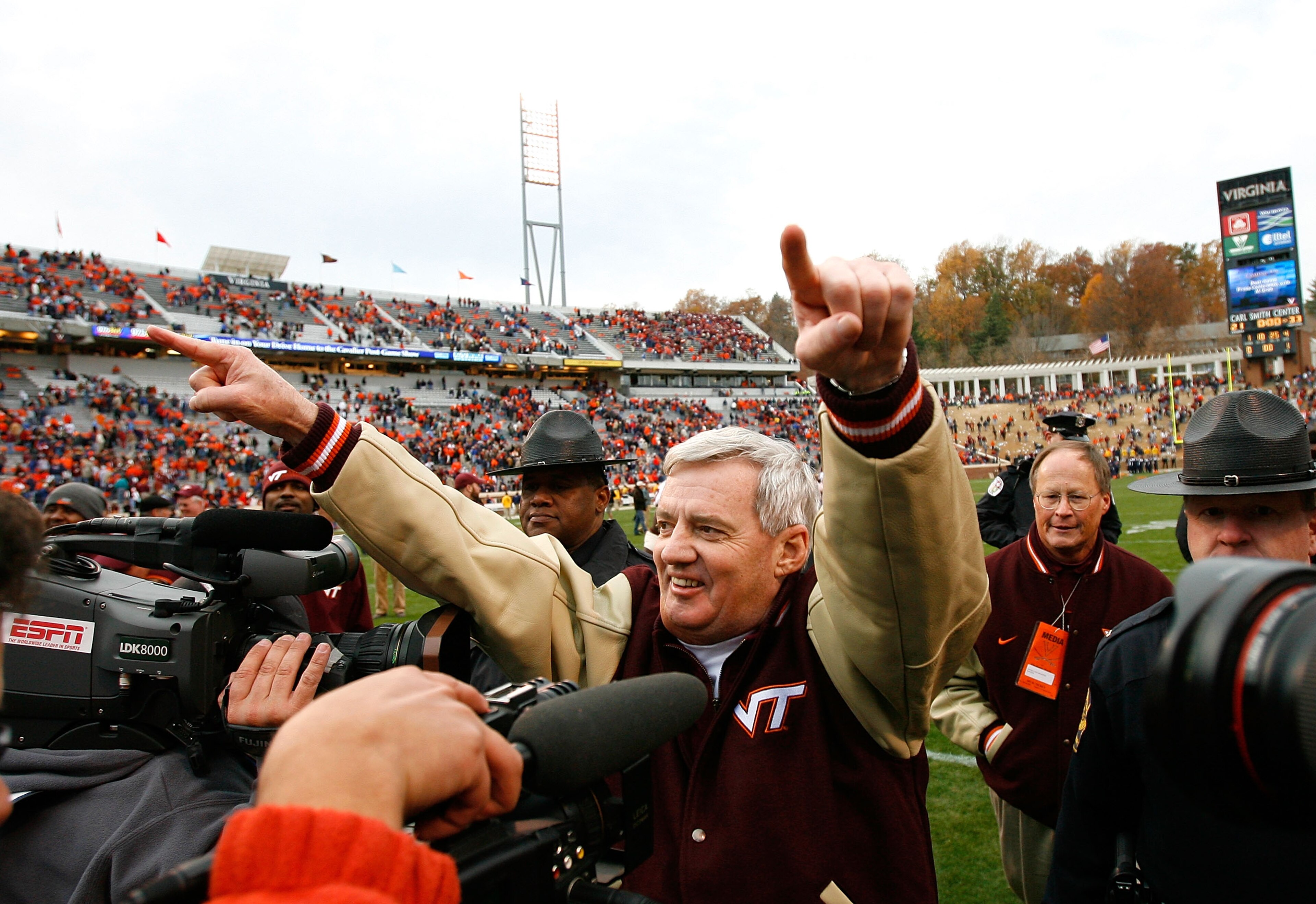 CHARLOTTESVILLE, VA - NOVEMBER 24:  Head coach Frank Beamer of the Virginia Tech Hokies celebrates after defeating the Virginia Cavaliers 33-21 at Scott Stadium on November 24, 2007 in Charlottesville, Virginia.  (Photo by Kevin C. Cox/Getty Images)