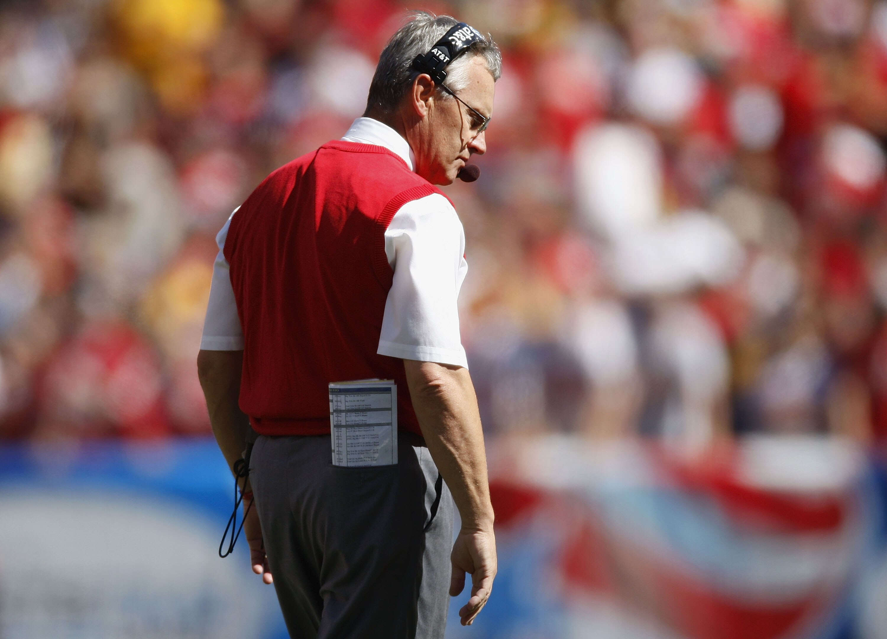 CLEVELAND - SEPTEMBER 19:  Head coach Jim Tressel of the Ohio State Buckeyes looks on while playing the Toledeo Rockets on September 19, 2009 at Cleveland Browns Stadium in Cleveland, Ohio. Ohio State won the game 38-0.  (Photo by Gregory Shamus/Getty Ima