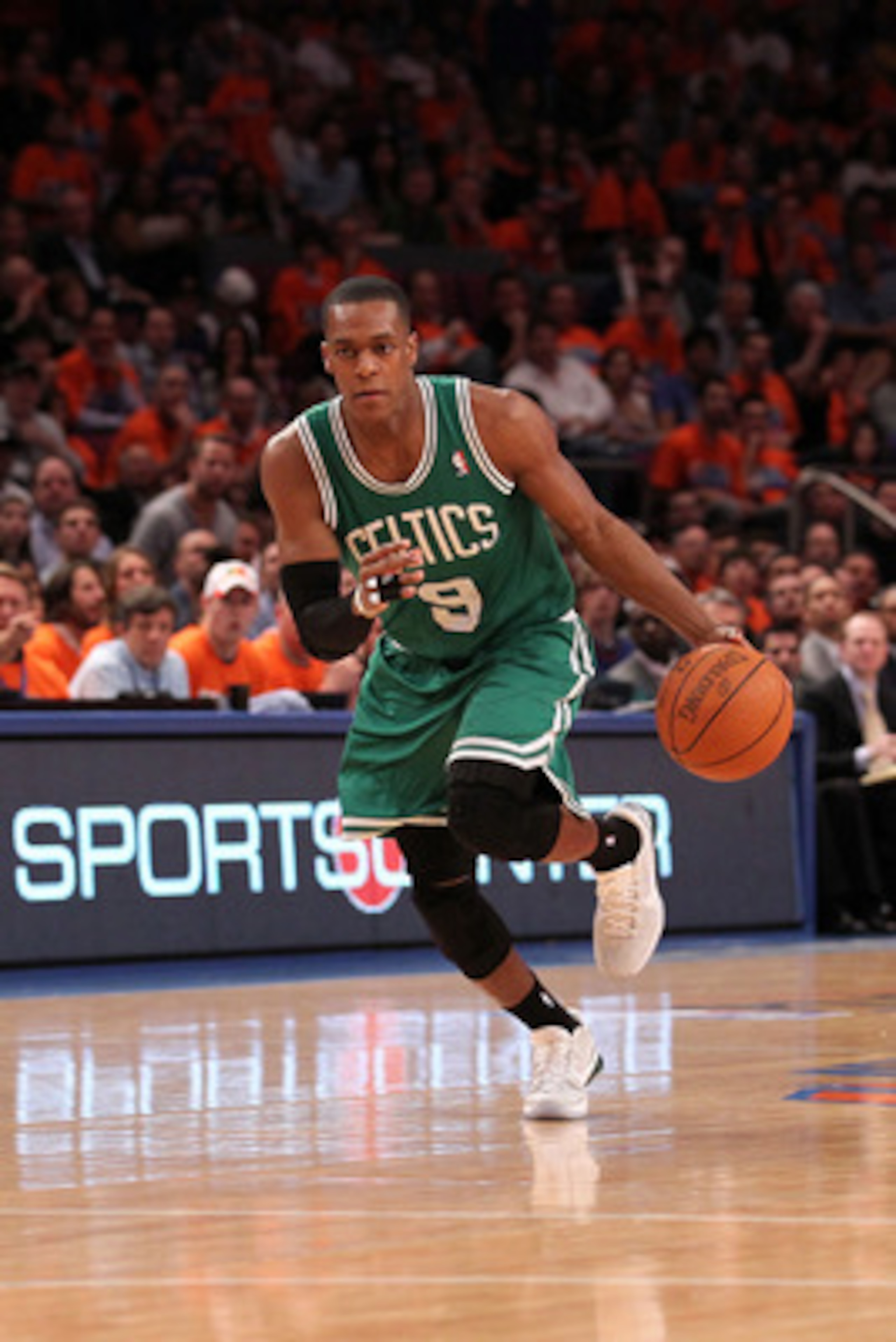 NEW YORK, NY - APRIL 24:  Rajon Rondo #9 of the Boston Celtics brings the ball up court against the New York Knicks in Game Four of the Eastern Conference Quarterfinals during the 2011 NBA Playoffs on April 24, 2011 at Madison Square Garden in New York Ci