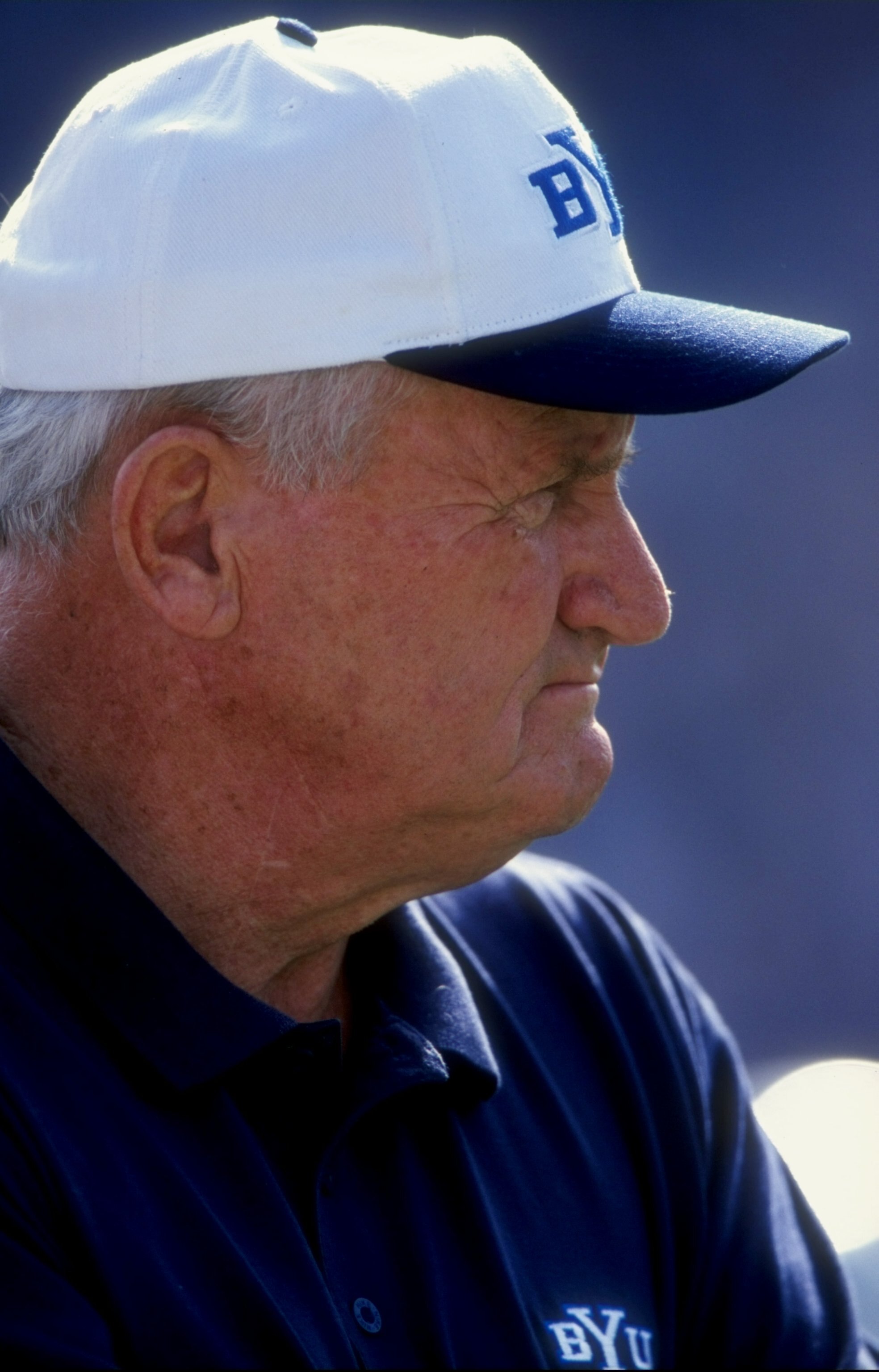 24 Oct 1998: Head coach Lavell Edwards of the Brigham Young University Cougars looks on during the game against the San Jose State Spartans at the Cougars Stadium in Provo, Utah. The Cougars defeated the Spartans 46-43.