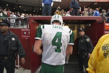 SAN FRANCISCO - DECEMBER 07:  Quarterback Brett Favre #4 of the New York Jets walks to the tunnel against the San Francisco 49ers during an NFL game on December 7, 2008 at Candlestick Park in San Francisco, California. (Photo by Jed Jacobsohn/Getty Images