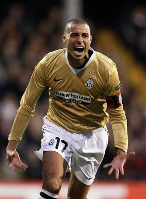 LONDON, ENGLAND - MARCH 18:  David Trezeguet of Juventus celebrates scoring the opening goal during the UEFA Europa League Round of 16 second leg match between Fulham and Juventus at Craven Cottage on March 18, 2010 in London, England.  (Photo by Phil Col