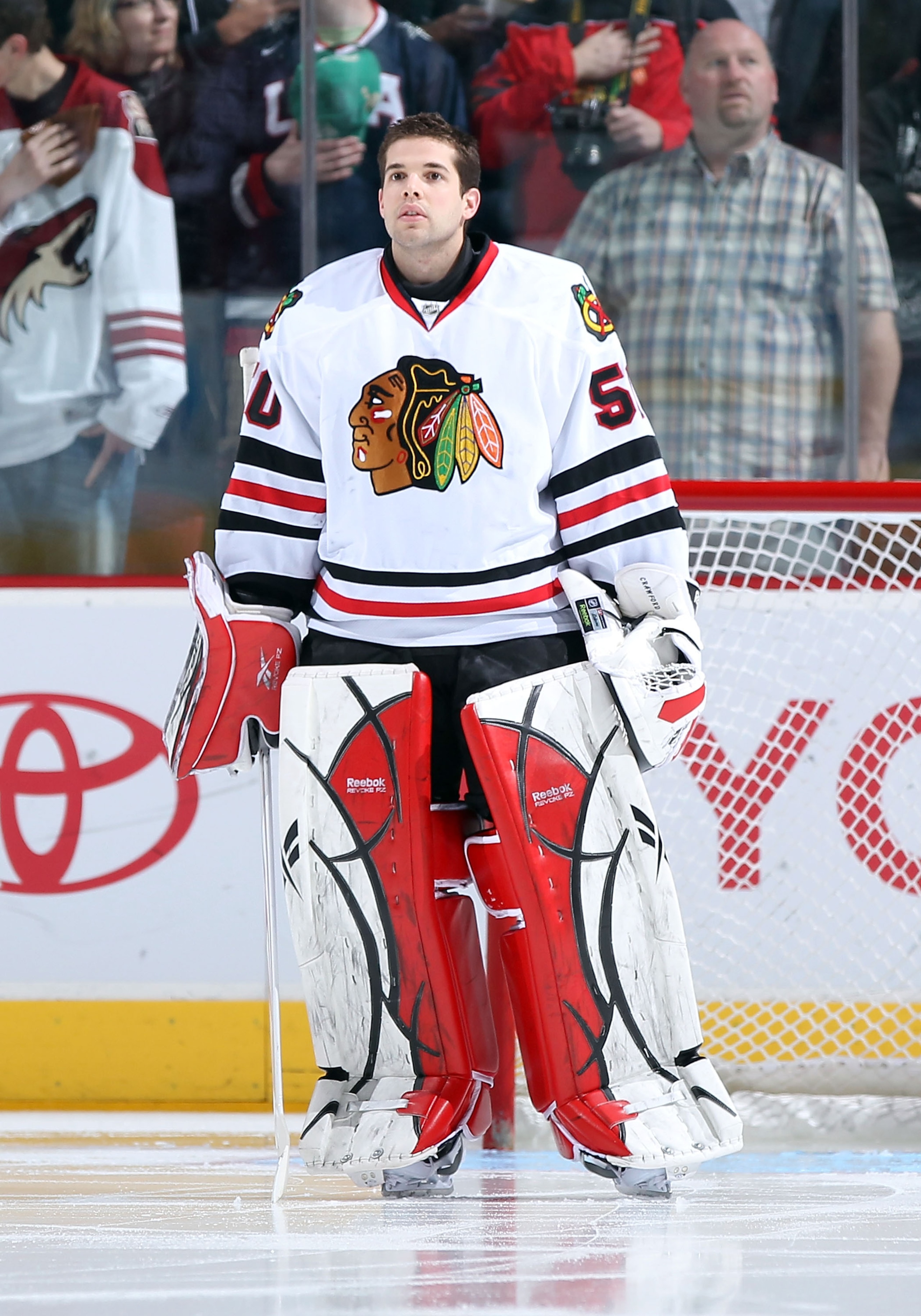GLENDALE, AZ - MARCH 20:  Goaltender Corey Crawford #50 of the Chicago Blackhawks before the NHL game against the Phoenix Coyotes at Jobing.com Arena on March 20, 2011 in Glendale, Arizona. The Blackhawks defeated the Coyotes 2-1.  (Photo by Christian Pet