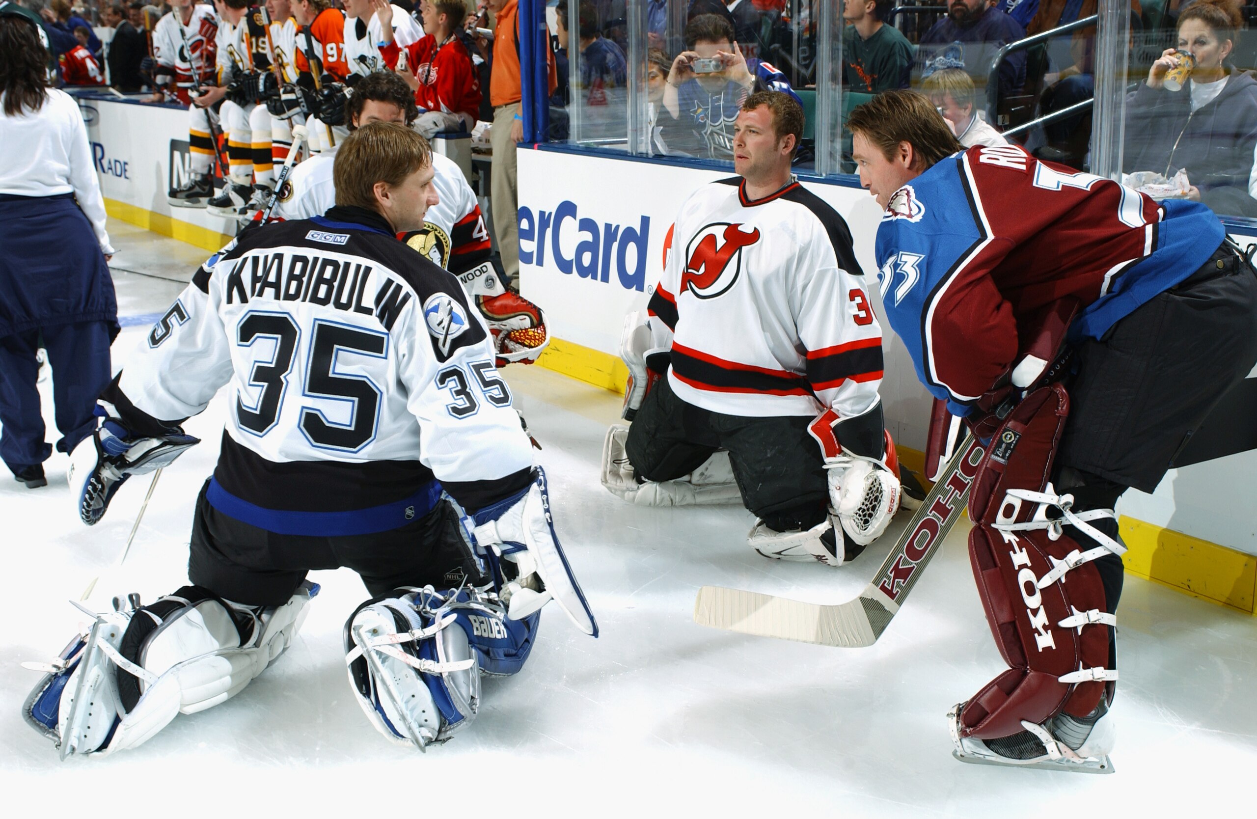 SUNRISE, FL - FEBRUARY 1:  Goaltenders Nikolai Khabibulin #35, Patrick Roy #33, Martin Brodeur #30 and Patrick Lalime #40 hang out during the NHL All-Star SuperSkills competition at the Office Depot Center on February 1, 2003 in Sunrise, Florida.  (Photo 