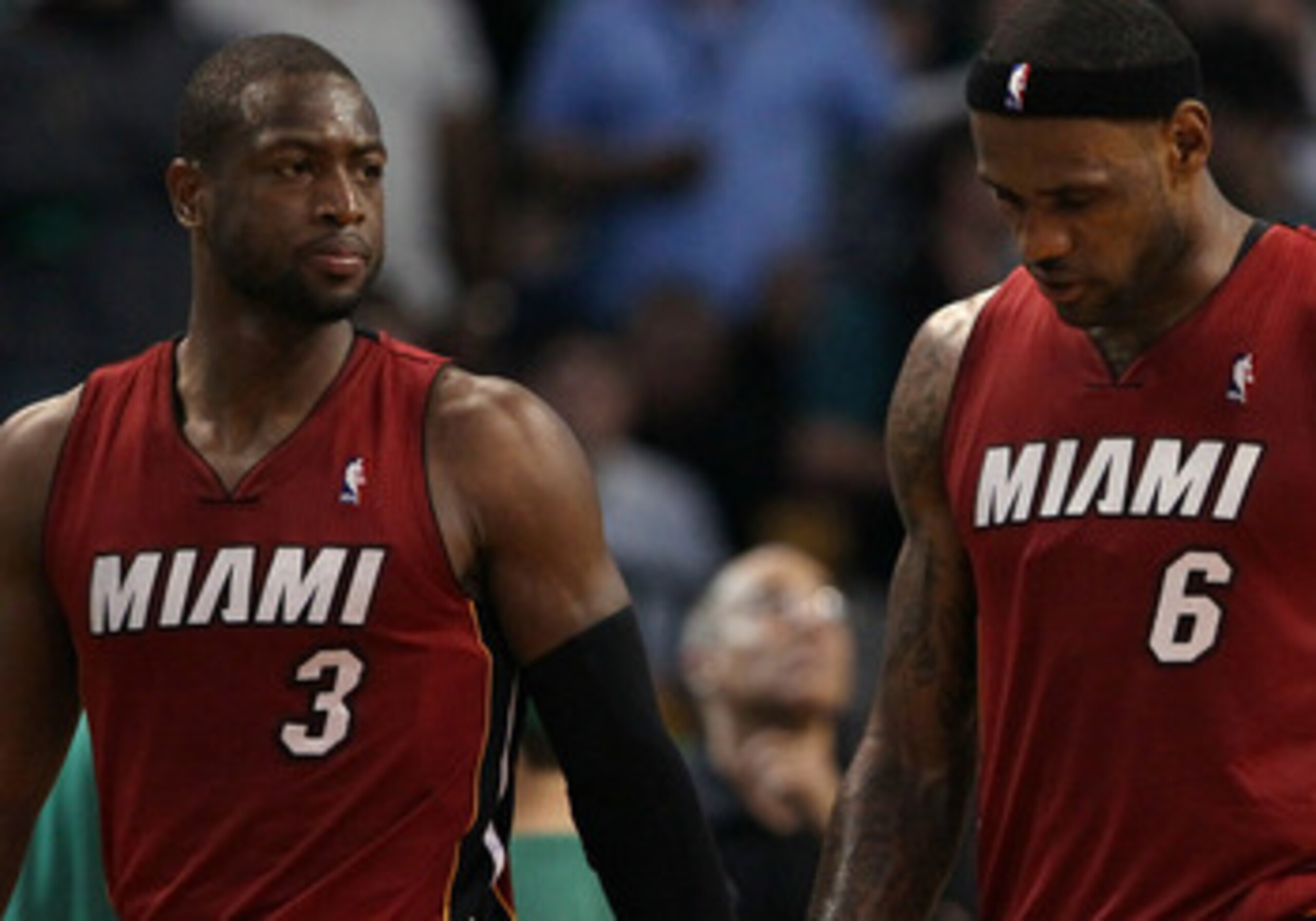 BOSTON, MA - MAY 07: Dwyane Wade #3 and LeBron James #6 of the Miami Heat walk on the court near the end of the game against the Boston Celtics in Game Three of the Eastern Conference Semifinals in the 2011 NBA Playoffs on May 7, 2011 at the TD Garden in 