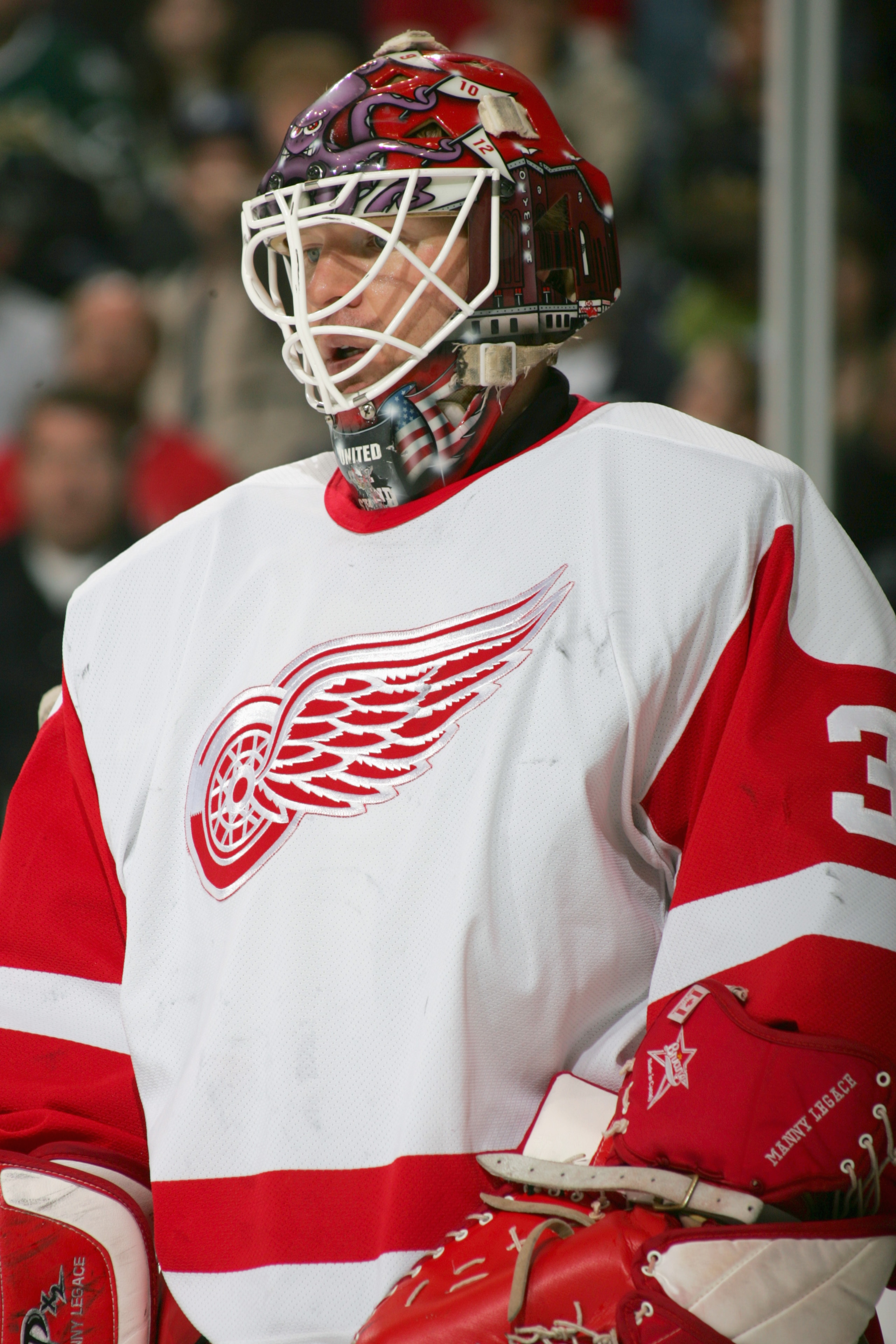 DALLAS - JANUARY 28:  Manny Legace #34 of the Detroit Red Wings looks on against the Dallas Stars at the American Airlines Center on January 28, 2006  in Dallas, Texas. The Stars won 2-1 in a shootout. (Photo by Ronald Martinez/Getty Images)