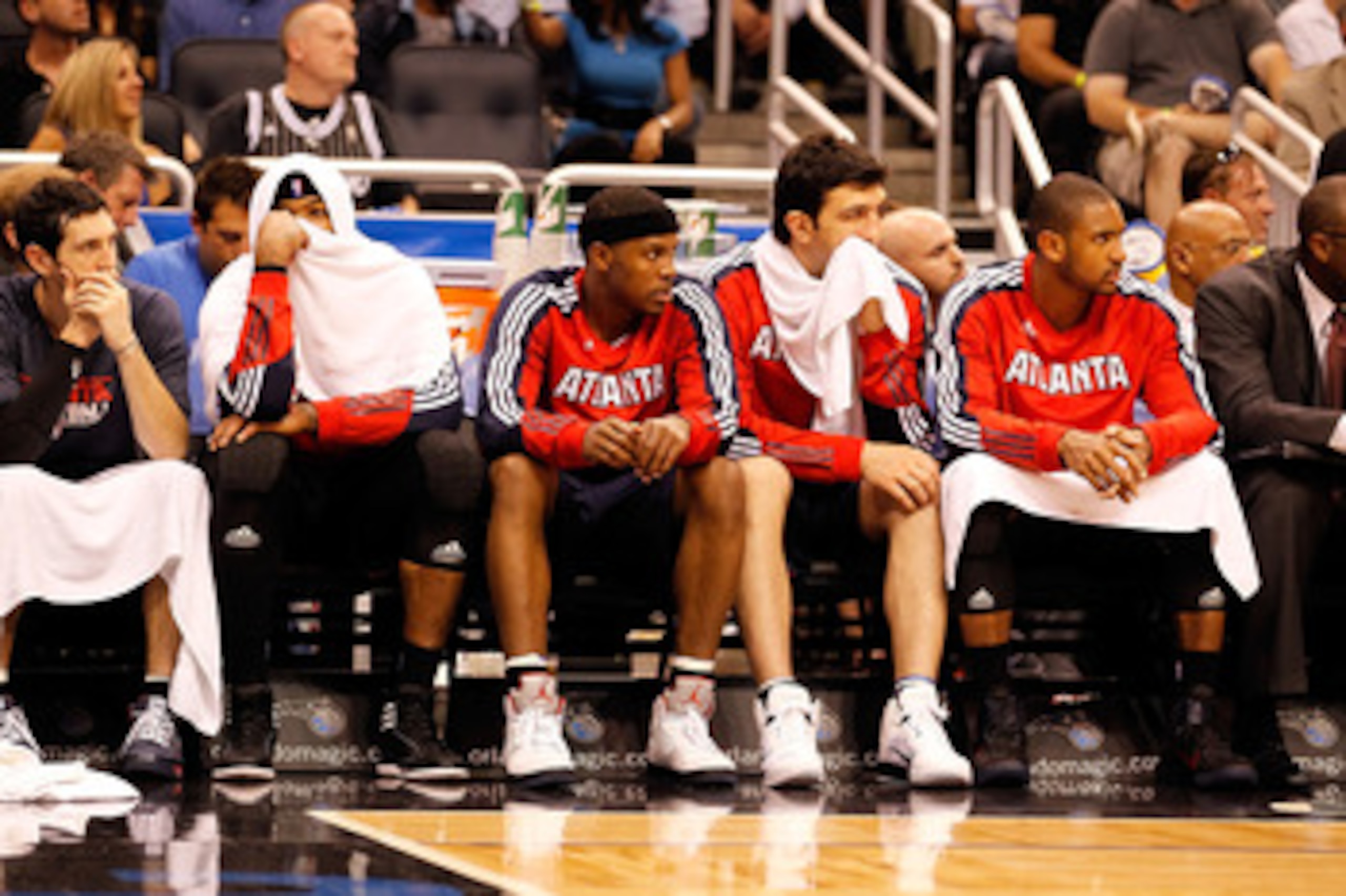 ORLANDO, FL - APRIL 26:  The Atlanta Hawks bench is dejected during Game Five of the Eastern Conference Quarterfinals against the Orlando Magic of the 2011 NBA Playoffs on April 26, 2011 at the Amway Arena in Orlando, Florida.  NOTE TO USER: User expressl