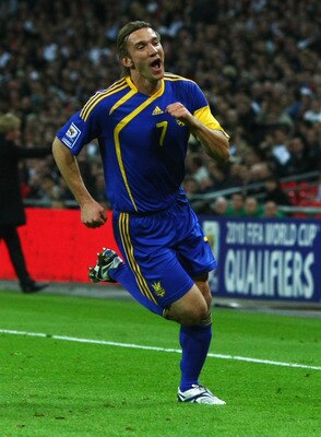 LONDON - APRIL 01:  Andriy Shevchenko of Ukraine celebrates as he scores their first goal during the FIFA 2010 World Cup Group 6 Qualifying match between England and Ukraine at Wembley Stadium on April 1, 2009 in London, England.  (Photo by Clive Rose/Get