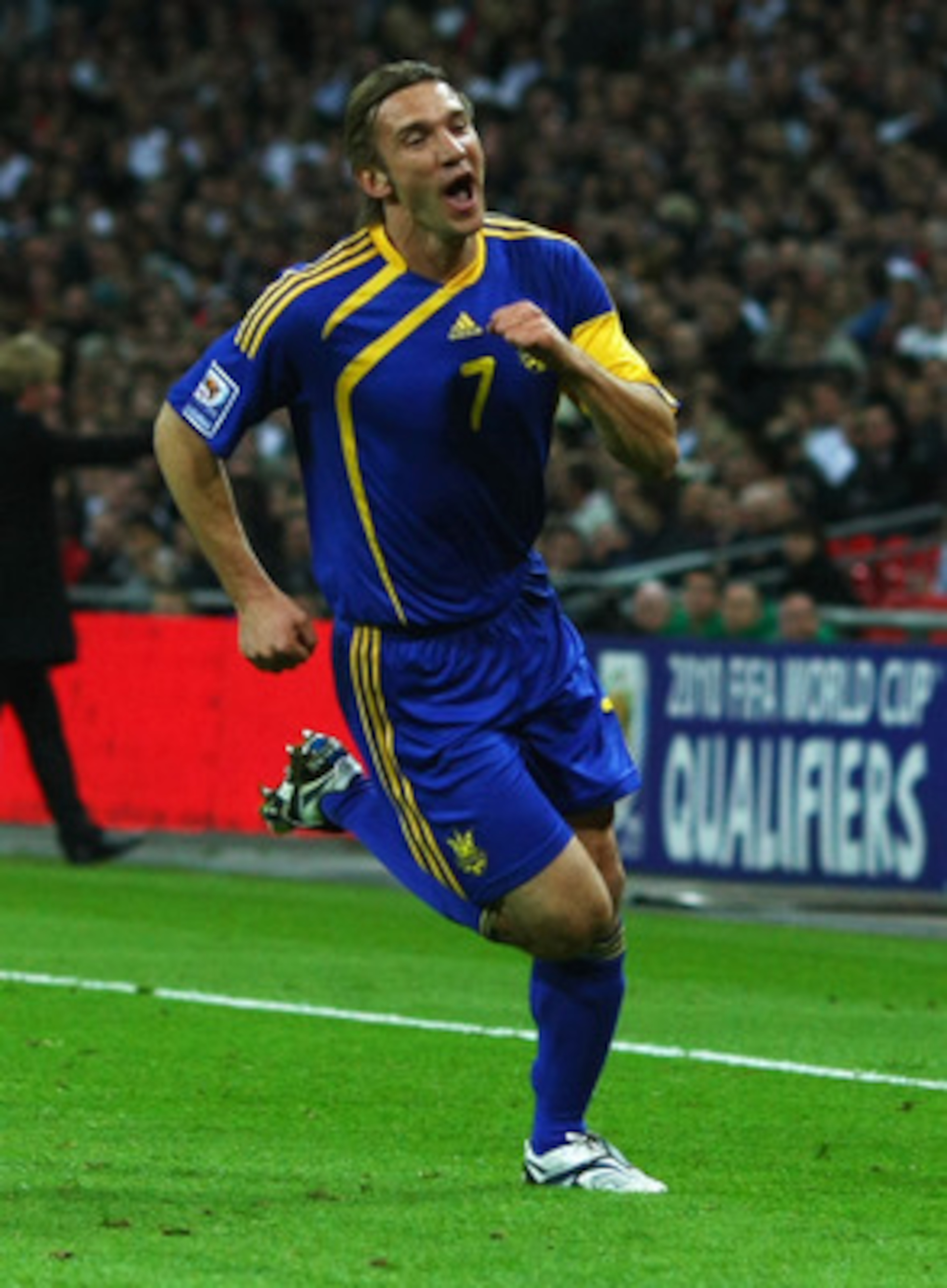 LONDON - APRIL 01:  Andriy Shevchenko of Ukraine celebrates as he scores their first goal during the FIFA 2010 World Cup Group 6 Qualifying match between England and Ukraine at Wembley Stadium on April 1, 2009 in London, England.  (Photo by Clive Rose/Get
