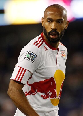 HARRISON, NJ - APRIL 30:  Thierry Henry #14 of the New York Red Bulls plays the ball against the Sporting KC on April 30, 2011 at Red Bull Arena in Harrison, New Jersey. The Red Bulls defeated the Sporting KC 1-0.  (Photo by Mike Stobe/Getty Images for Ne