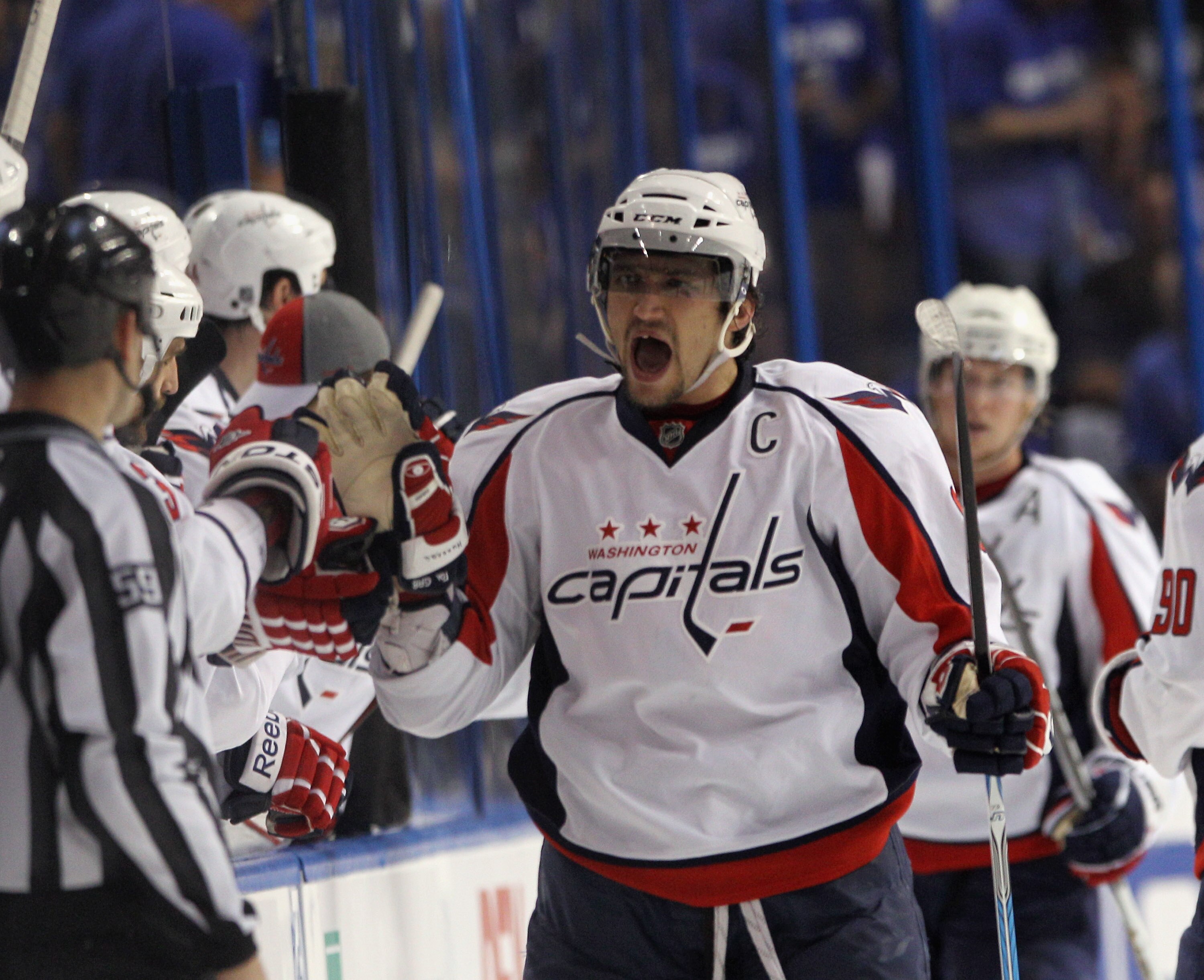 TAMPA, FL - MAY 03: Alex Ovechkin #8 of the Washington Capitals celebrates a goal by Mike Knuble #22 (not shown) at 59 seconds of the second period against the Tampa Bay Lightning in Game Three of the Eastern Conference Semifinals during the 2011 NHL Stan